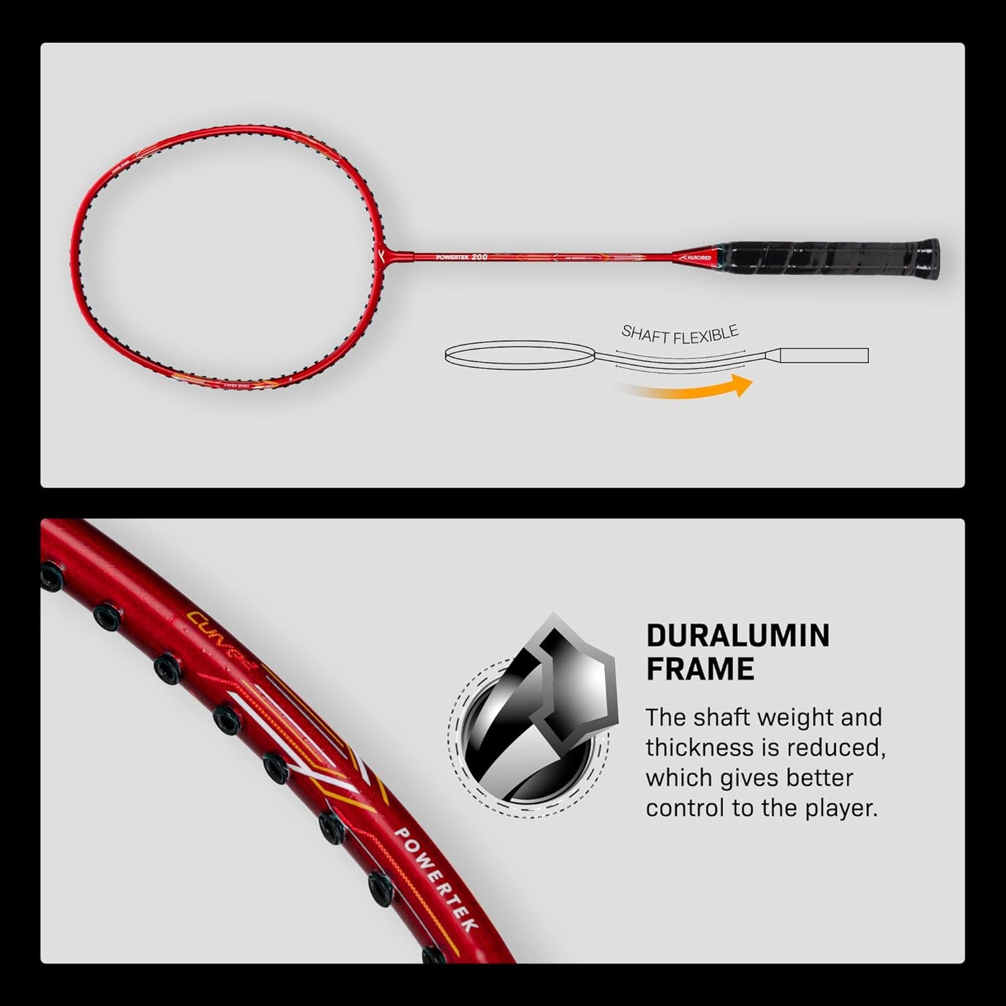 HUNDRED Powertek 200 PRO Strung Badminton Racquet with Head Cover | Material: Aluminium | Intermediate Level | Weight: 95gm | Maximum String Tension- 18-20lbs