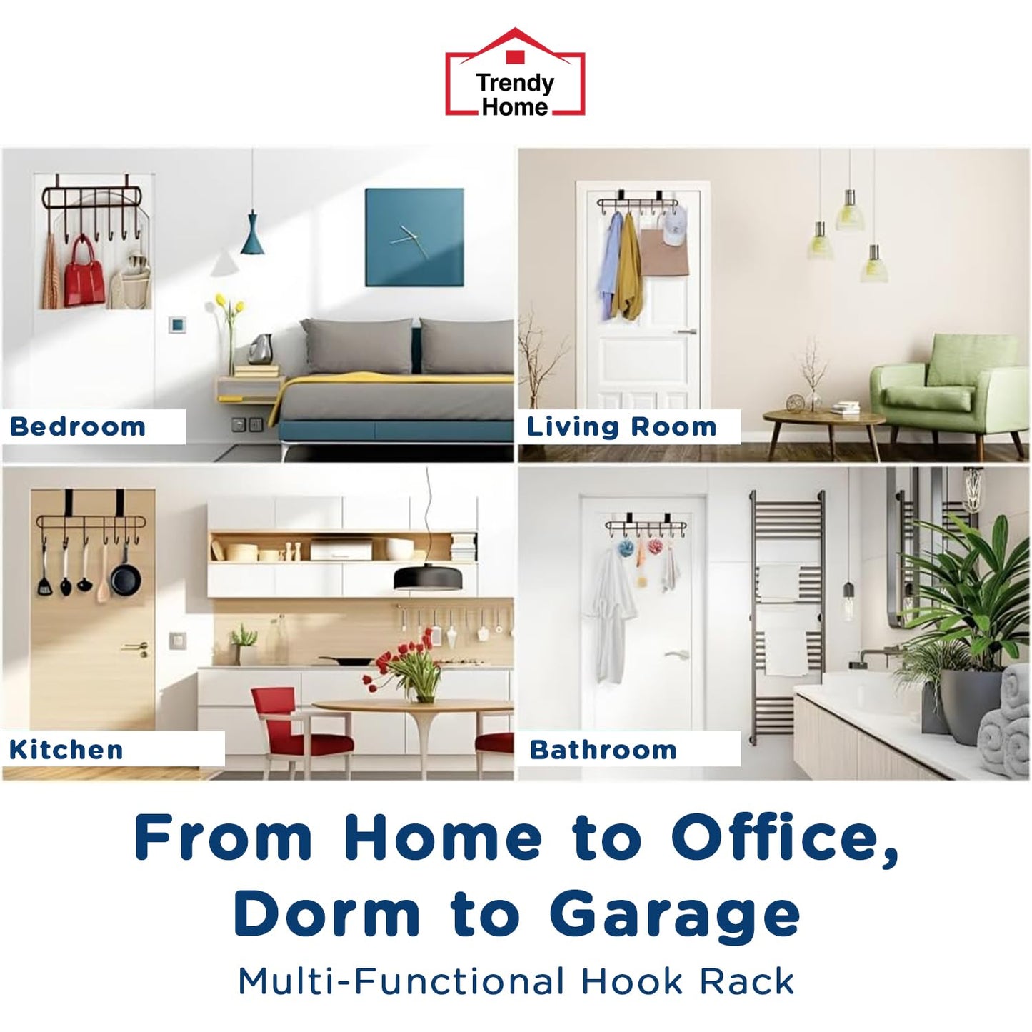 Trendy Home Over-The-Door Hook (Pack of 2) Heavy-Duty Over Door Hanger Holder for Coat Hanging, Robe, Hat, Clothes, Towels, Bathroom Organiser, Towel Rack, 7 Hooks, Matte Black