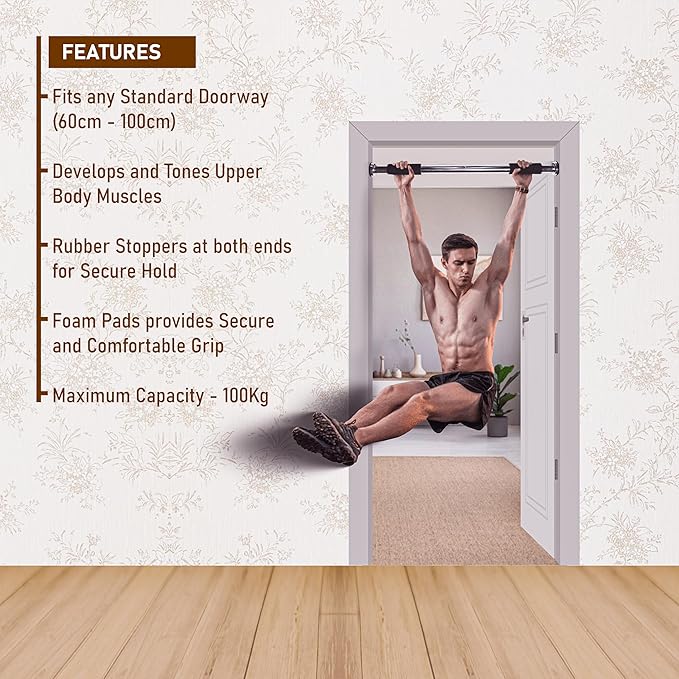 Endless EL1035 Stainless Steel Adjustable Pull Up Bar for Home Doorway | Material : Stainless Steel | For Strengthening Exercises at Home or Gym with Anti-Skid Cushion Grip | For Adult, Men and Women