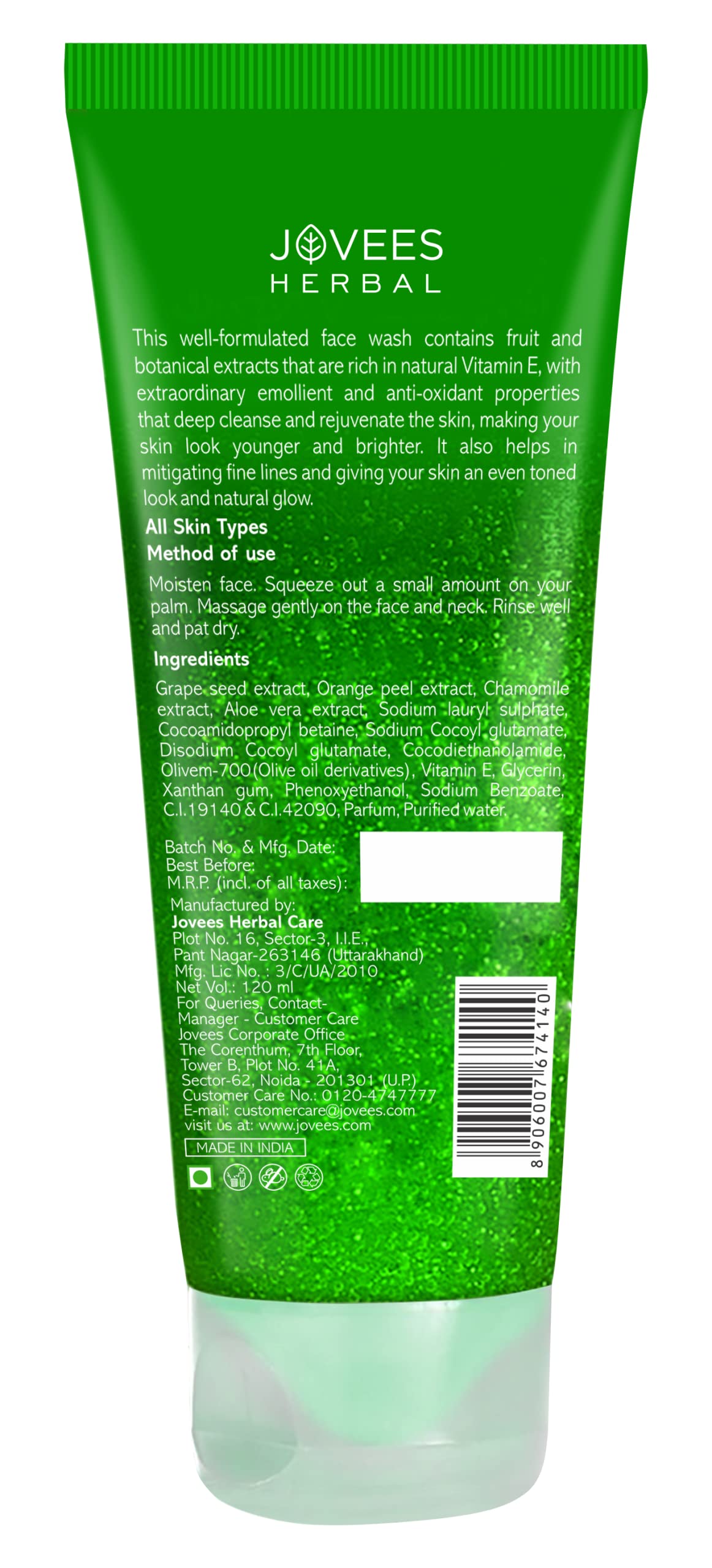 Jovees Grape Face Wash (120ml) Grape Seed & Orange Peel Extracts | For Brighter & Glowing Skin | Deep Cleanses | Reduces Uneven Skin Tone & Fine Lines | Vitamins C and E | For All Skin Types