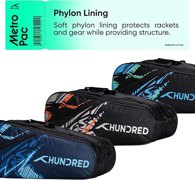HUNDRED Metro Pack Badminton Kit-Bag (Black/Blue,Navy Large) | Unisex | Material: Polyester | 3 Spacious Compartments | Double Zipper Closure