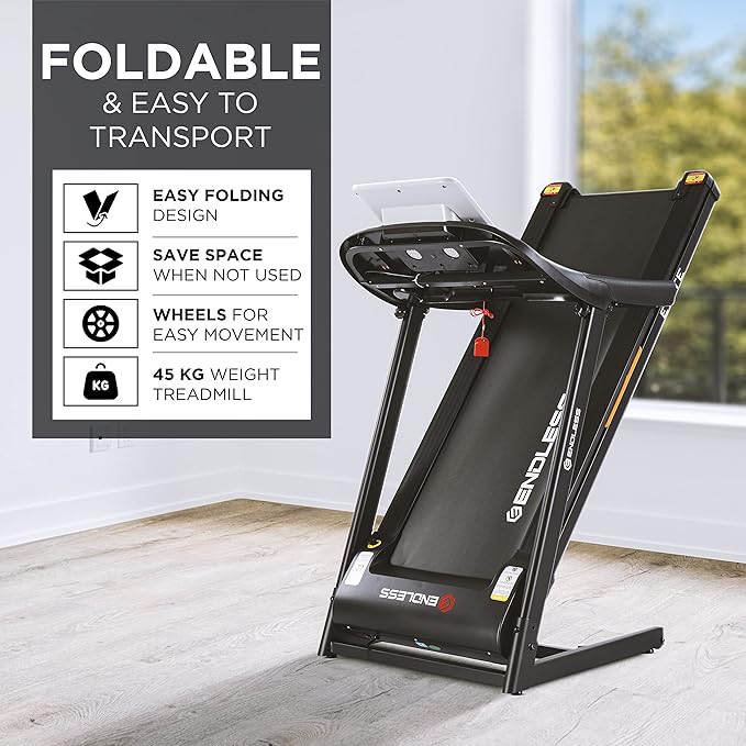 Endless Elite Treadmill for Home Use - 4HP Peak DC Motor 110 kg Max Weight Max Speed 14Km/hr 410mm Area Speakers Foldable with manual Incline