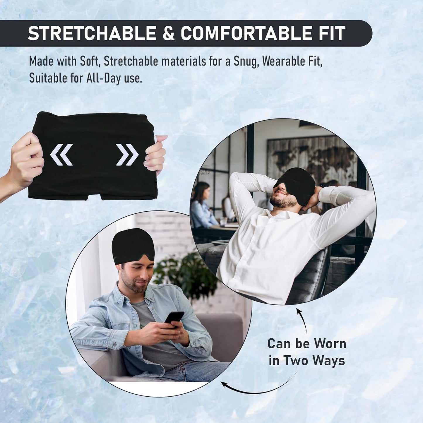 Endless Migraine Relief Cap - Stretchable Ice Head Wrap for Cold & Hot Therapy | Reusable Gel Pack for Tension, Stress, Puffy Eyes, Sinus, and Headache Relief | Wearable Black Hat