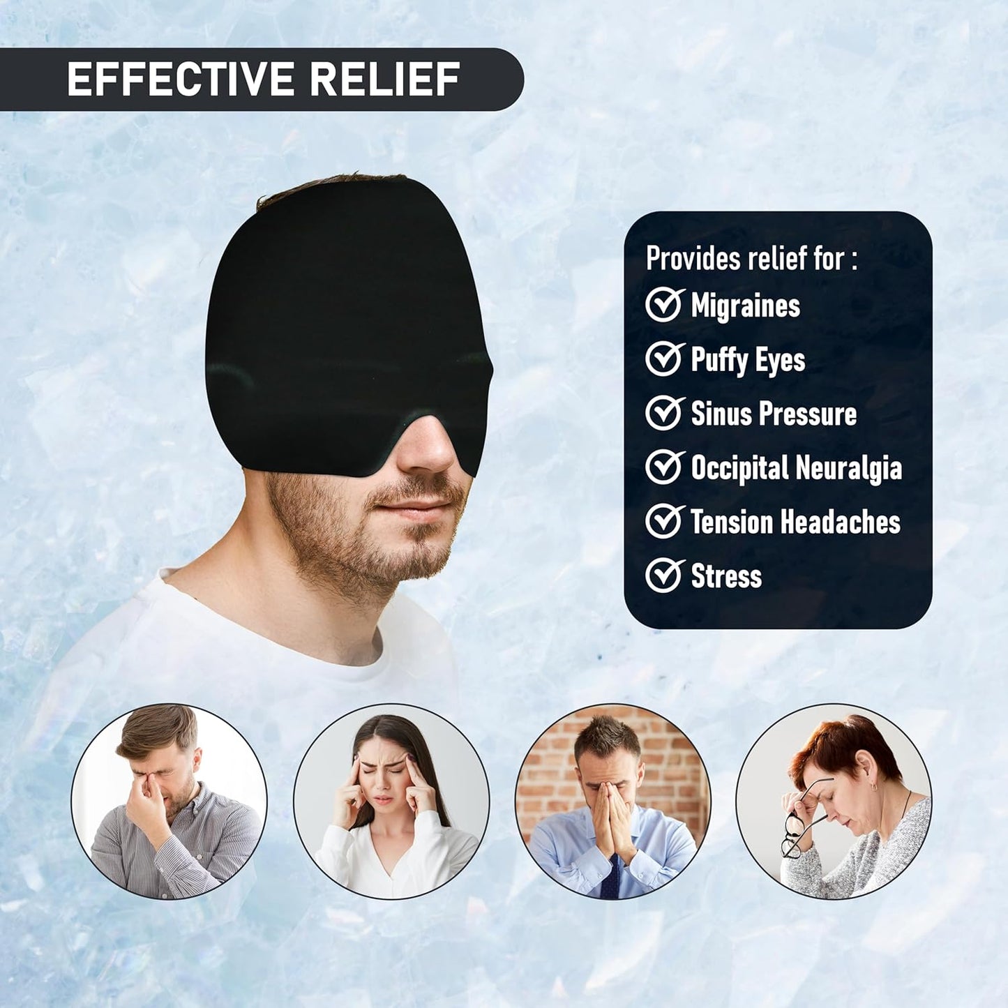 Endless Migraine Relief Cap - Stretchable Ice Head Wrap for Cold & Hot Therapy | Reusable Gel Pack for Tension, Stress, Puffy Eyes, Sinus, and Headache Relief | Wearable Black Hat