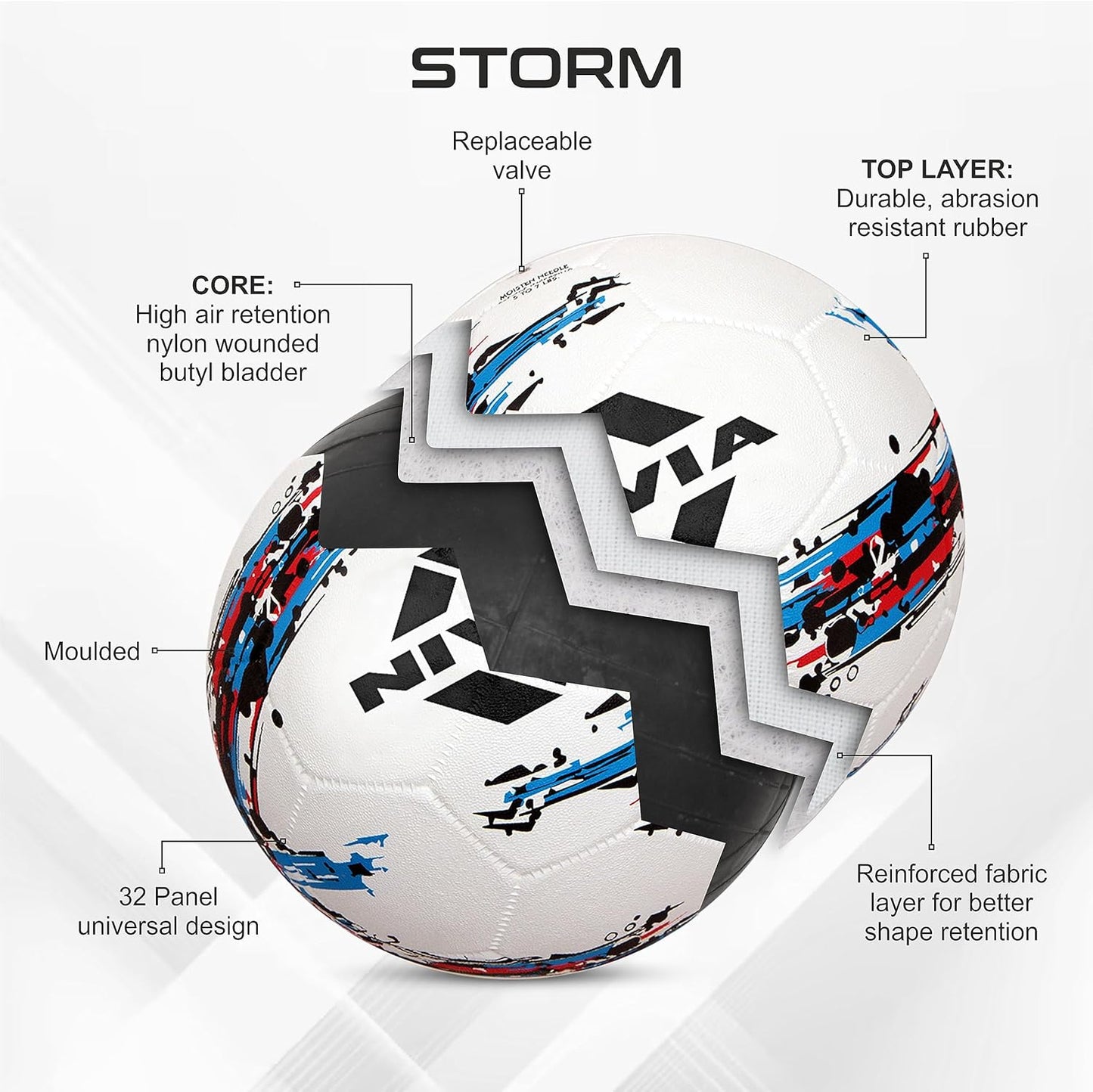 Nivia Storm Football (White, Size 5) | Rubberized Moulded | Suitable for Hard Ground Without Grass | Training Ball | Soccer Ball