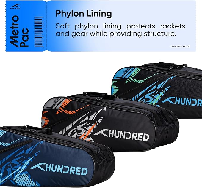 HUNDRED Metro Pack Badminton Kit-Bag (Black/Blue,Navy Large) | Unisex | Material: Polyester | 3 Spacious Compartments | Double Zipper Closure