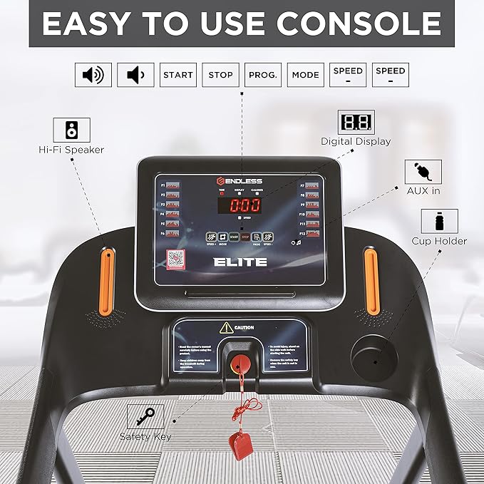 Endless Elite Treadmill for Home Use - 4HP Peak DC Motor 110 kg Max Weight Max Speed 14Km/hr 410mm Area Speakers Foldable with manual Incline