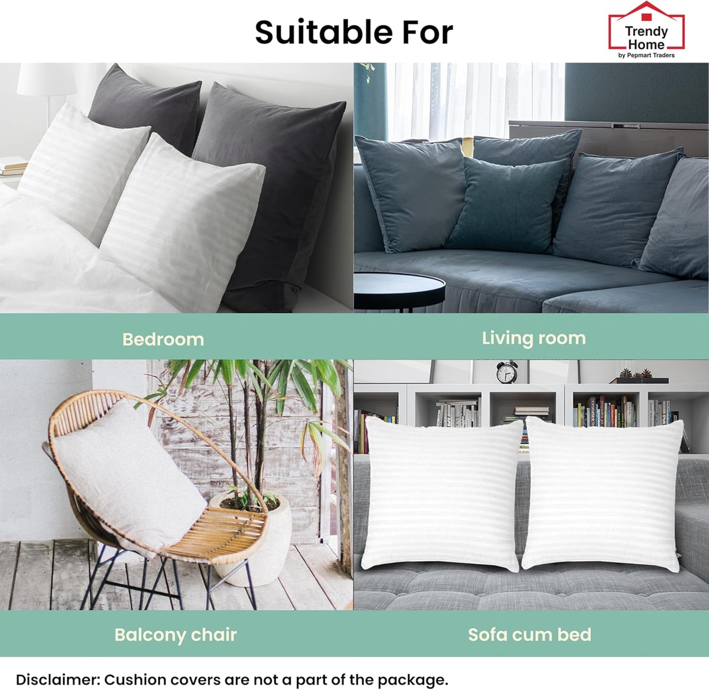 Trendy Home 20x20 Throw Pillow Insert (Set of 2, White) Bed and Couch Pillows Stuffer Hypoallergenic, Decorative Home Indoor Outdoor Sofa Pillow Filler (Machine Wash, 2 Pack)