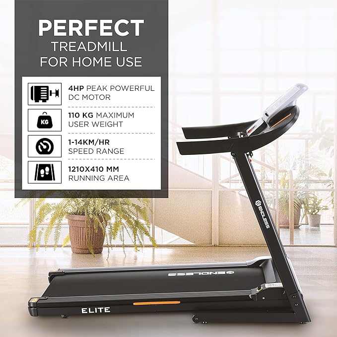 Endless Elite Treadmill for Home Use - 4HP Peak DC Motor 110 kg Max Weight Max Speed 14Km/hr 410mm Area Speakers Foldable with manual Incline