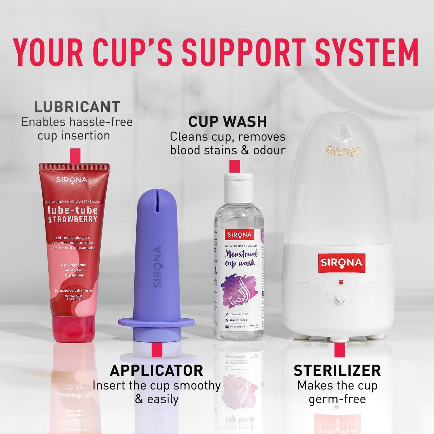 Sirona menstrual product set including lubricant, applicator, wash, and sterilizer on a white background.