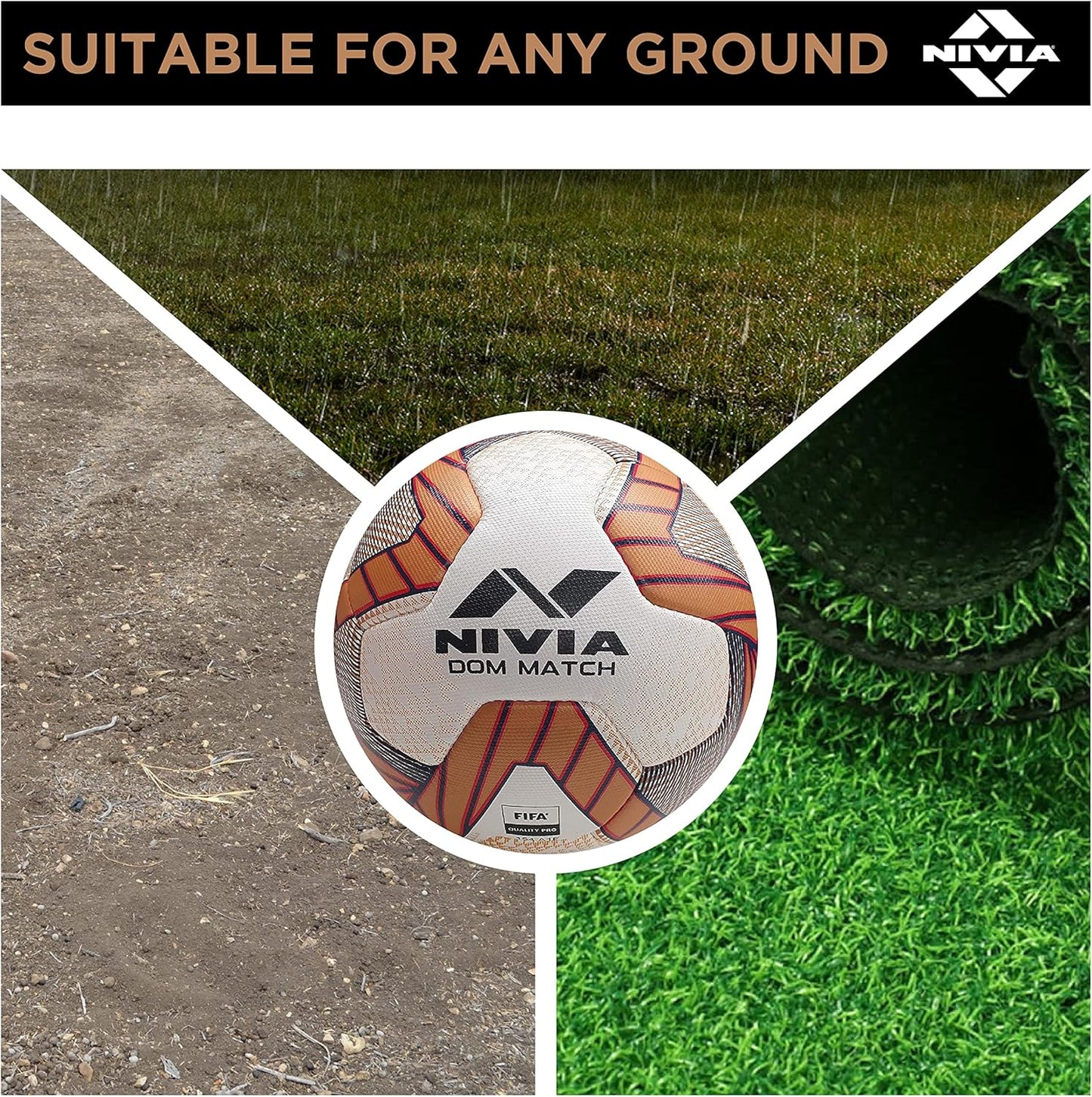 Nivia DOM01 Match PU Football (Golden, Size 5) | Machine Stitched | 8 Panel | PU Micro Fiber top Layer | Soccer Ball | Latex Bladder Core