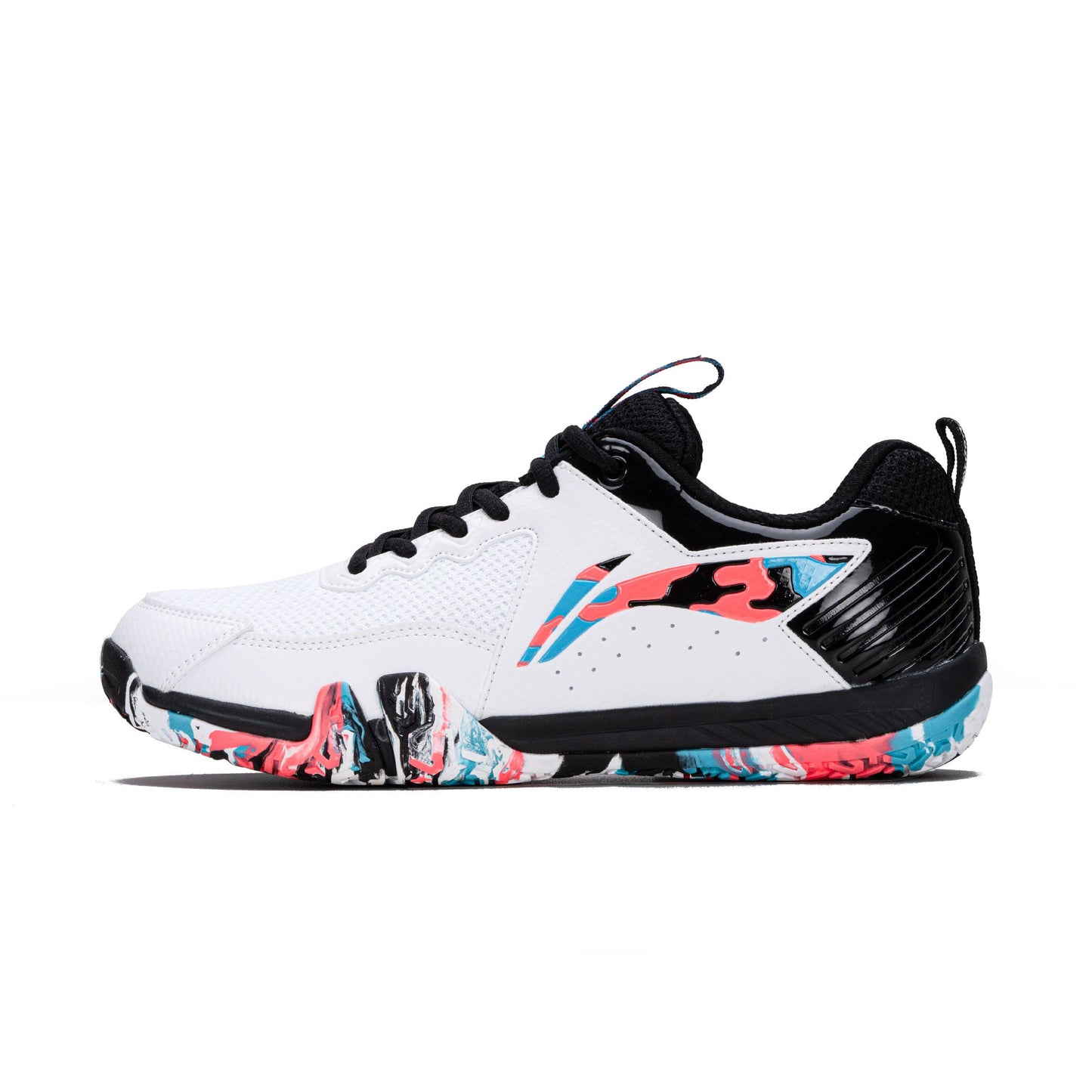 Li-Ning Saga Lite 9 Non-Marking Badminton Shoes | Lightweight & Shock Absorption | Sports Footwear For Unisex | Material: Polyester & TPU Upper | White/Black/Orange/Blue |