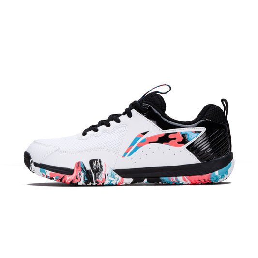 Li-Ning Saga Lite 9 Non-Marking Badminton Shoes | Lightweight & Shock Absorption | Sports Footwear For Unisex | Material: Polyester & TPU Upper | White/Black/Orange/Blue |