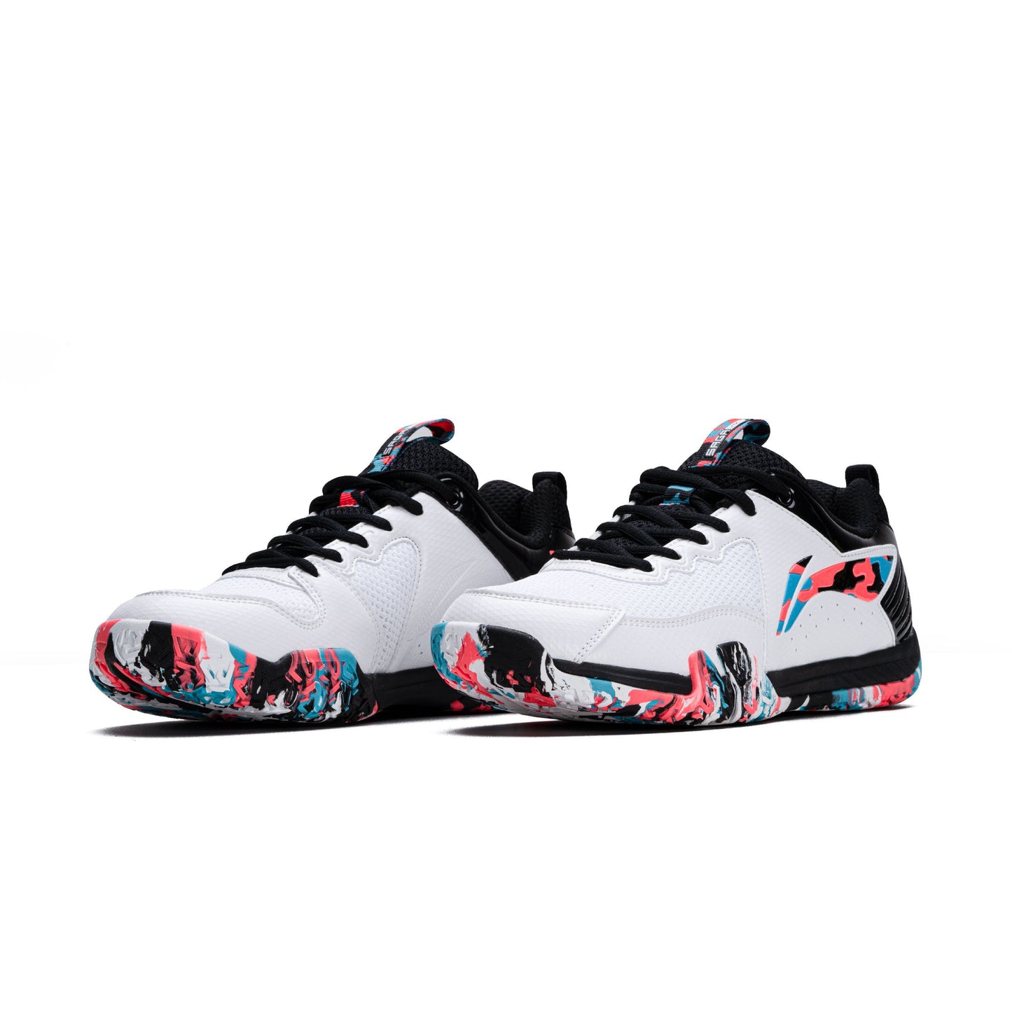 Li-Ning Saga Lite 9 Non-Marking Badminton Shoes | Lightweight & Shock Absorption | Sports Footwear For Unisex | Material: Polyester & TPU Upper | White/Black/Orange/Blue |