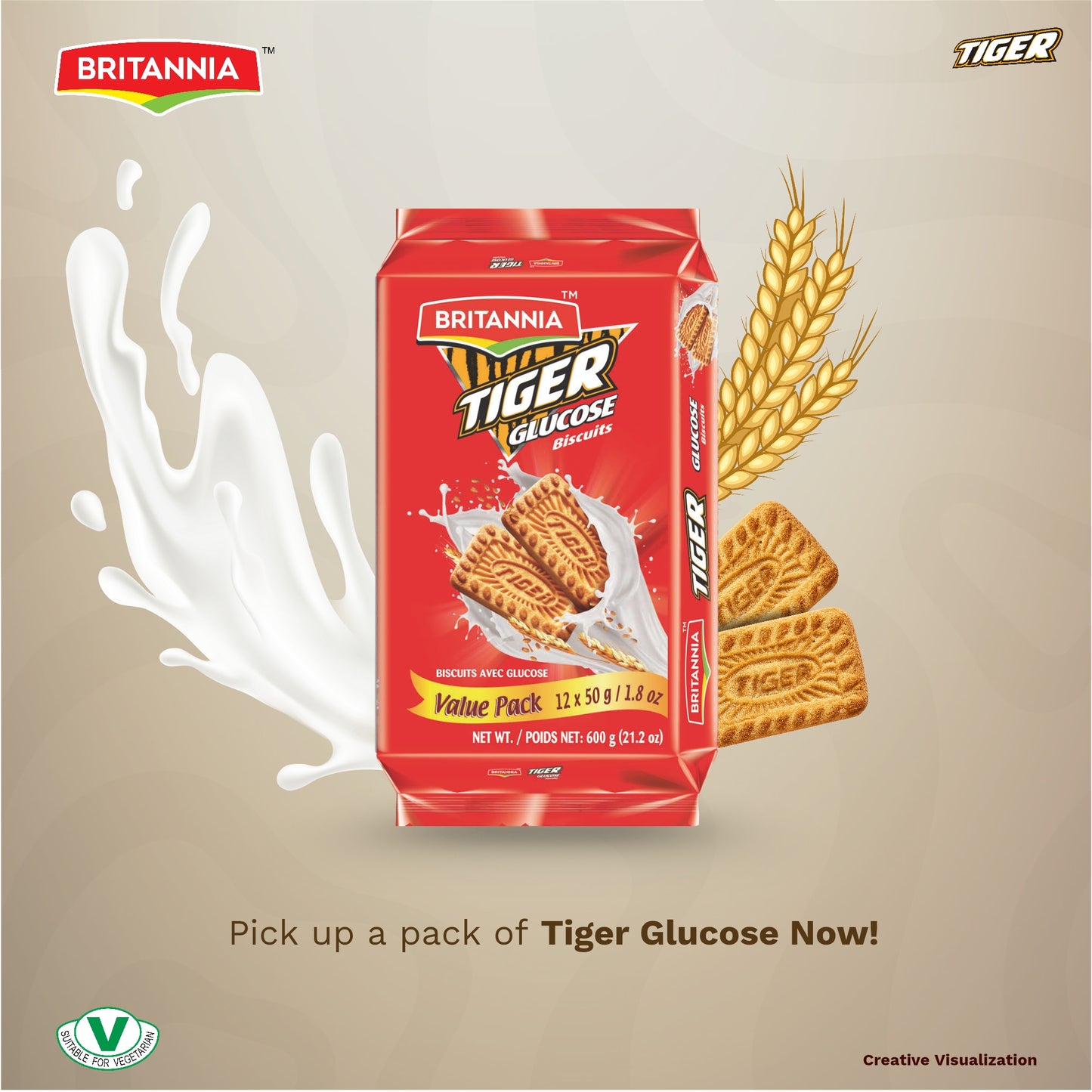 Britannia Tiger Glucose Biscuits Family Pack | Each Nutritious & Delicious Cookies Perfect Kids Snack for Breakfast & Tea Time Pack (200g) Pack of 4