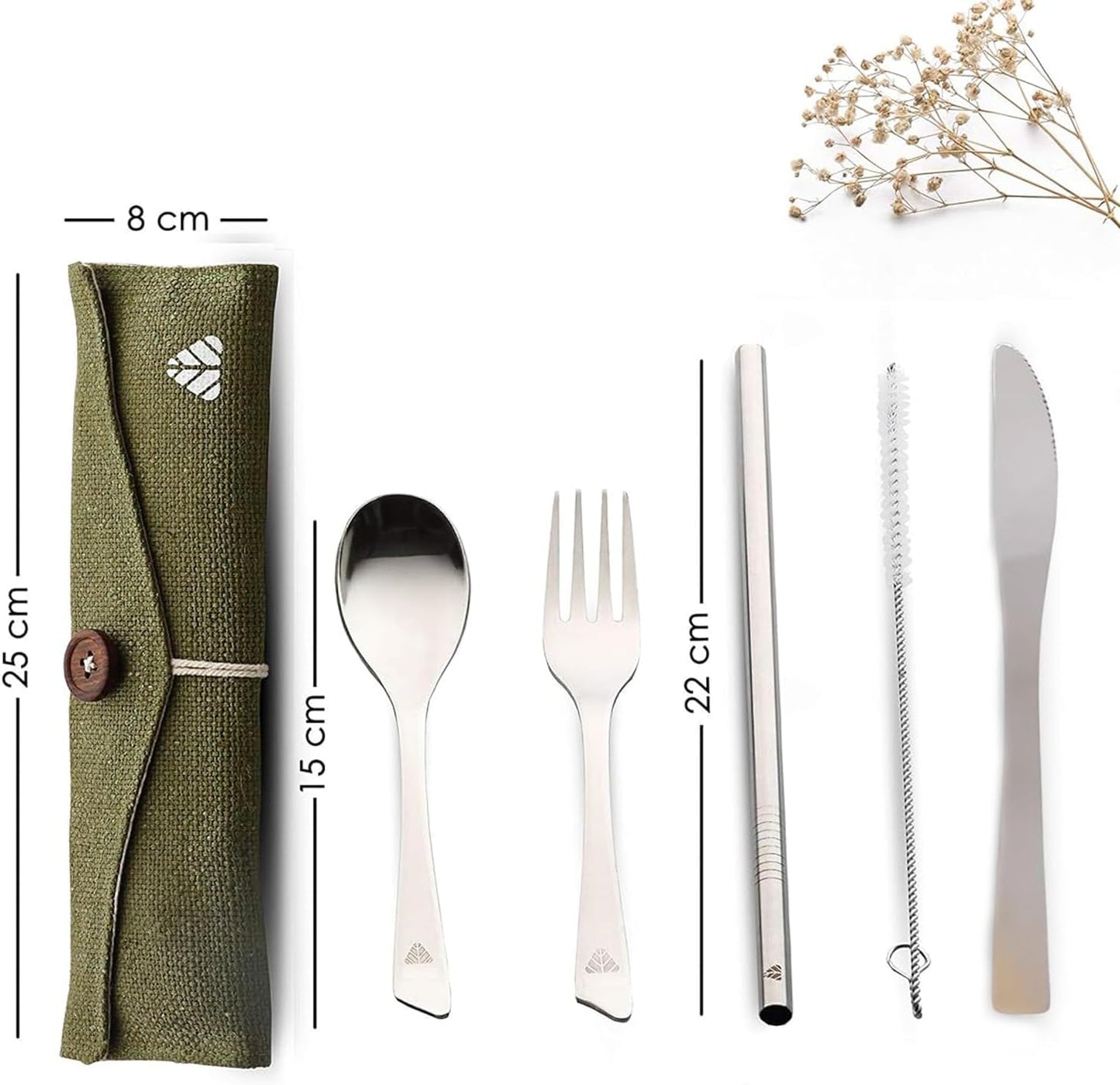 Rusabl Stainless Steel Cutlery Set Reusable Travel for Daily Use, Gifting and Traveling, Spoon and Fork Set (Spoon, Fork, Steel Straw, Cleaner, Napkin and Jute Pouch (Green)