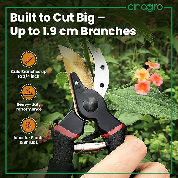 Cinagro Titanium Gardening Plant Cutter with 2 cm Branch Cutting Capacity, Safety Lock, Steel Spring Mechanism, Non-Slip Grip, Ergonomic Design, Pruner Shear for Plants, Branches & Grass