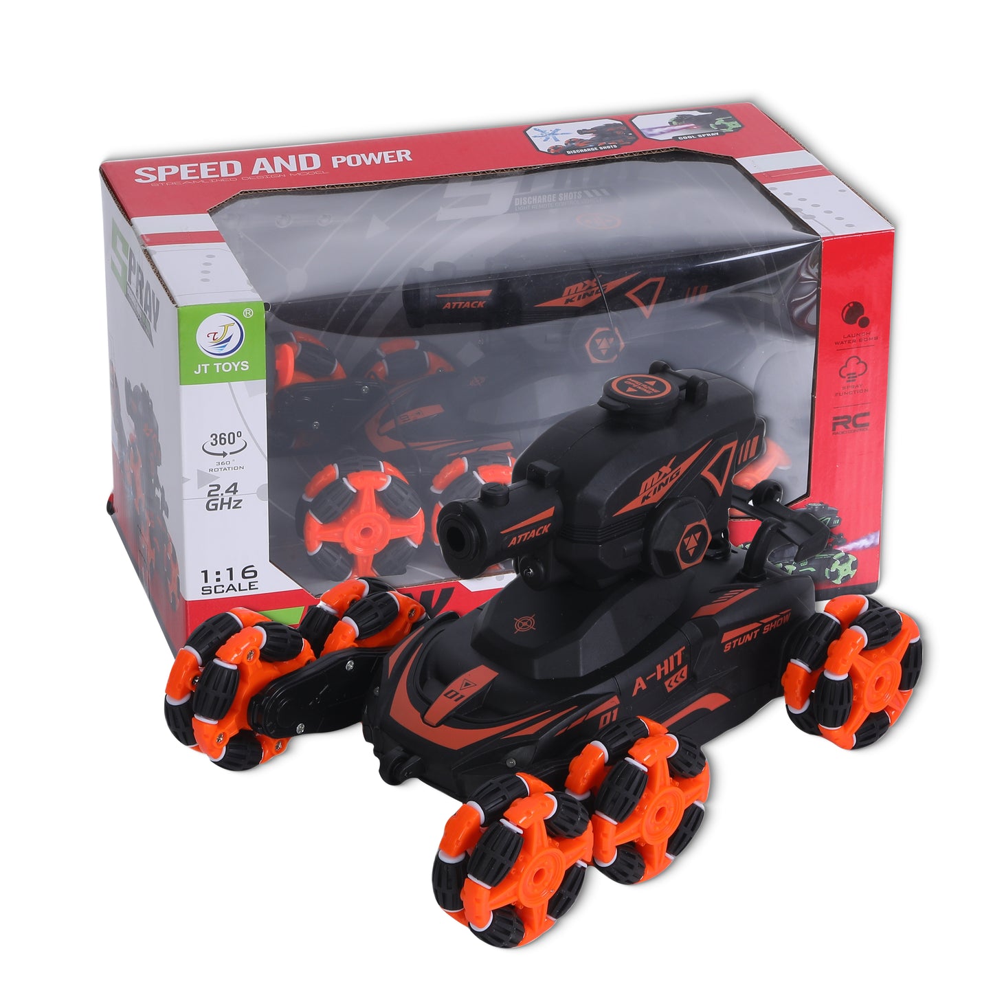 FUNFY 1:16 Scale 6 Wheels Climbing and Shooting Stunt RC Car | Black | With 6 Wheels for 45 Degree Drive, fog Effect, Obstacle Crossing, 4WD and Rechargeable Battery for Kids and Gifting