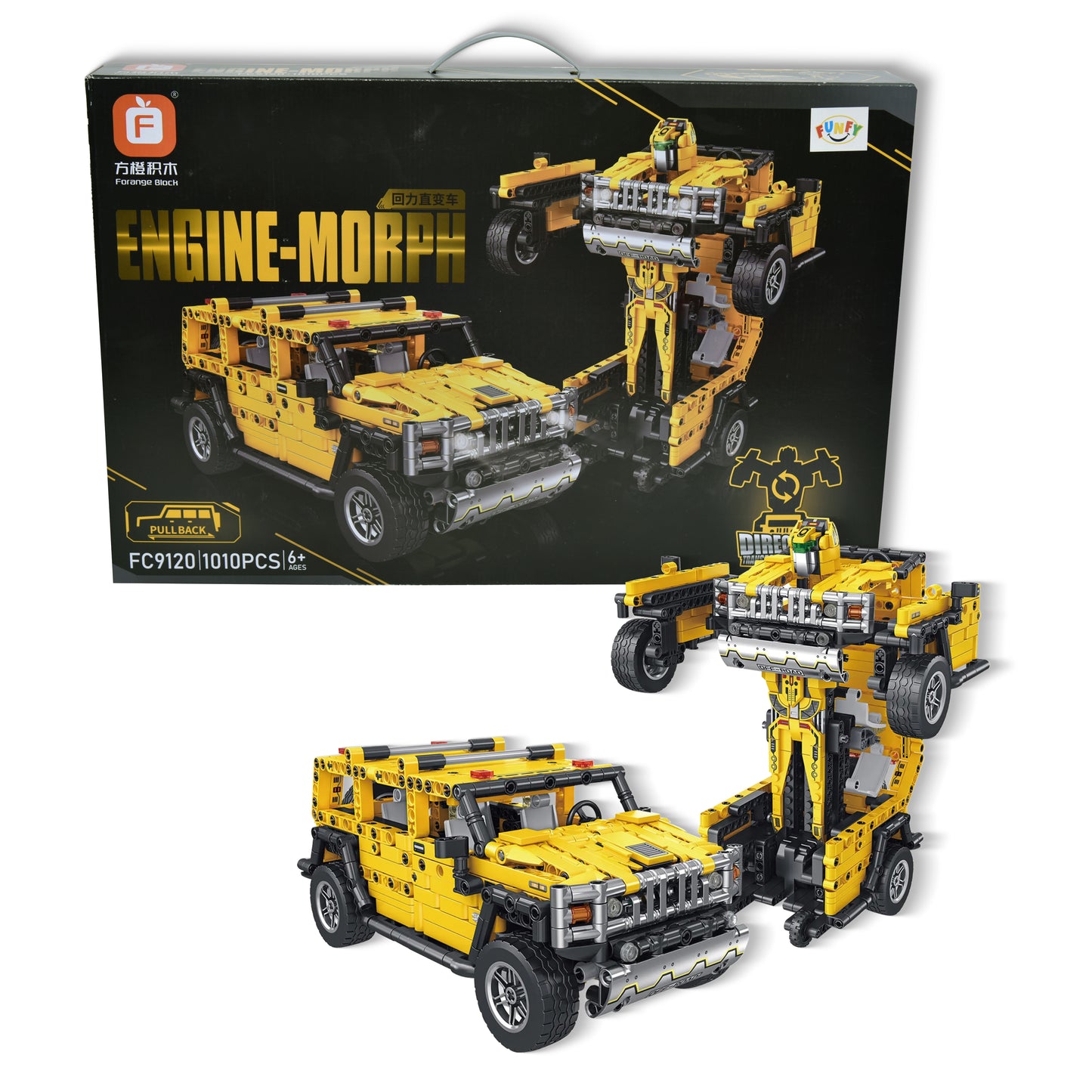 FUNFY 1010 Pcs 2-in-1 Pull Back Car and Transformer Building Blocks Toy | Yellow | ABS Plastic | This Deformation Car Become Transformer Figure | Perfect for Giftings | Action Figure