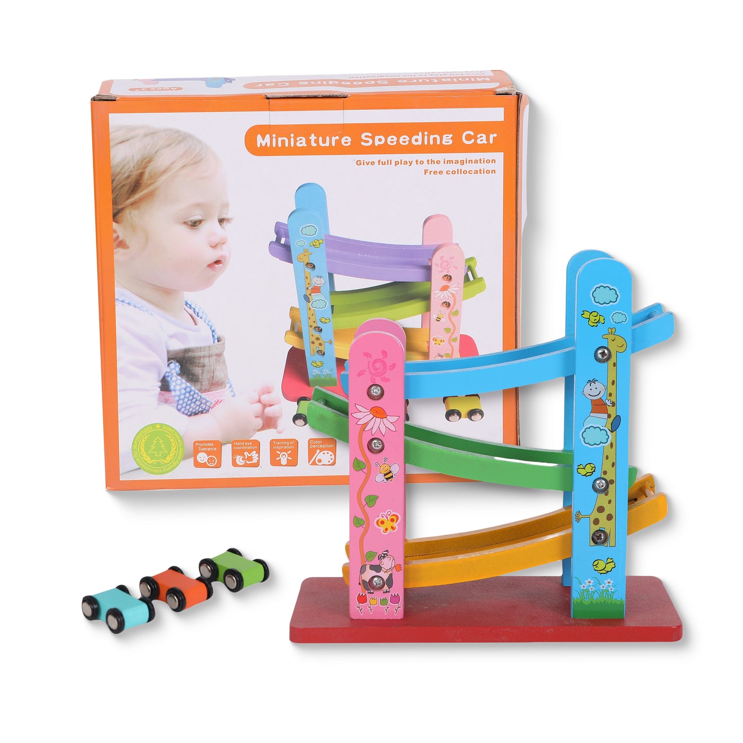 FUNFY Wooden Ramp Race Track Cars Game With 3 Mini Cars | Multicolor | Material: Wood | Tabletop Montessori Toy for Developing Creativity | Vibrant Design, Fine-Quality | For Kids