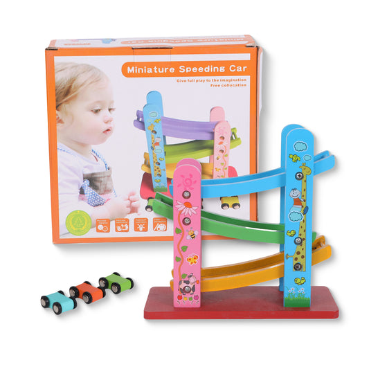 FUNFY Wooden Ramp Race Track Cars Game With 3 Mini Cars | Multicolor | Material: Wood | Tabletop Montessori Toy for Developing Creativity | Vibrant Design, Fine-Quality | For Kids
