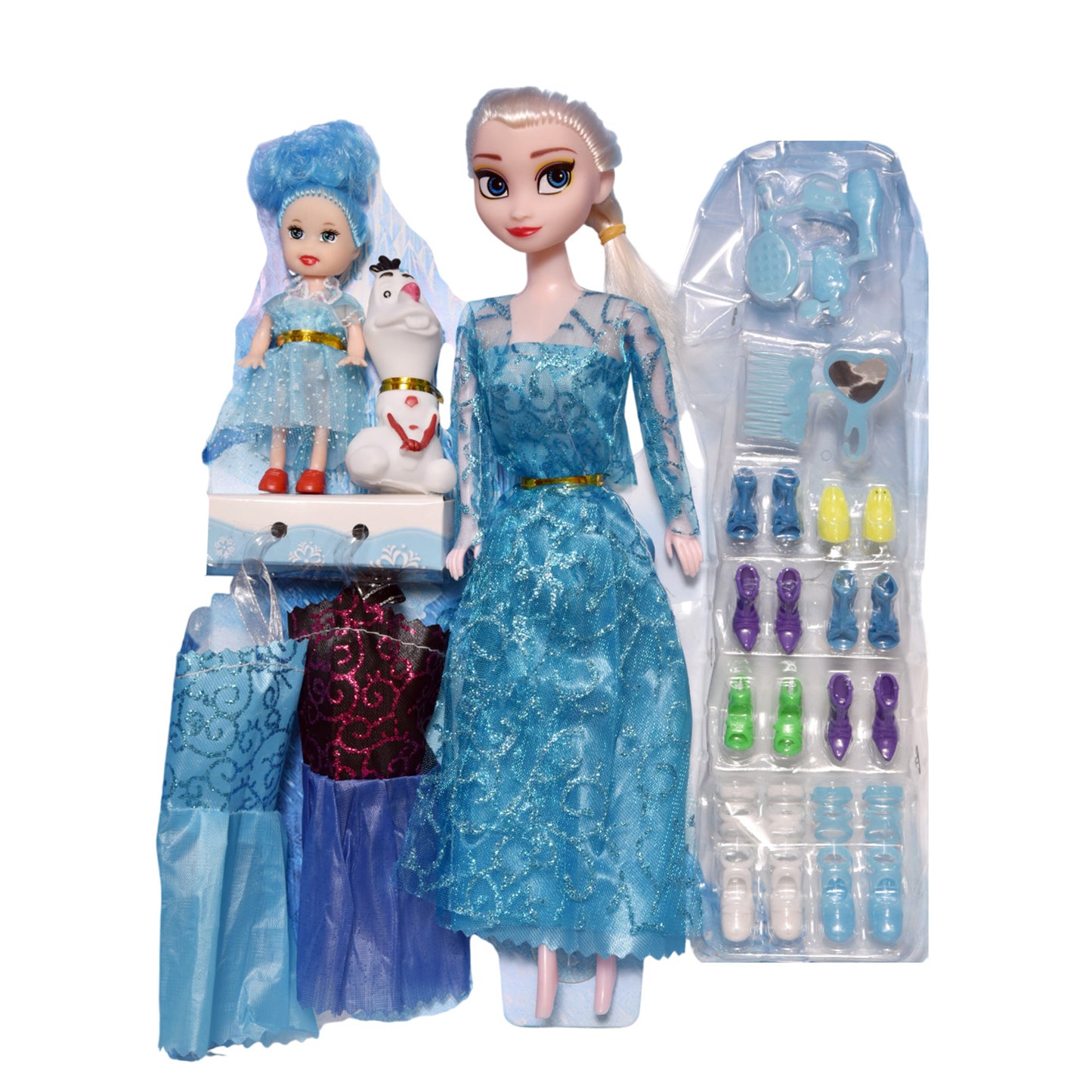 FUNFY 11" Ice Princess Doll Set | Includes Two Additional Small Dolls | Blue | Material: Plastic | Array of Accessories Including Dresses, Shoes, Comb and Mirror For Extended Play | For Girls