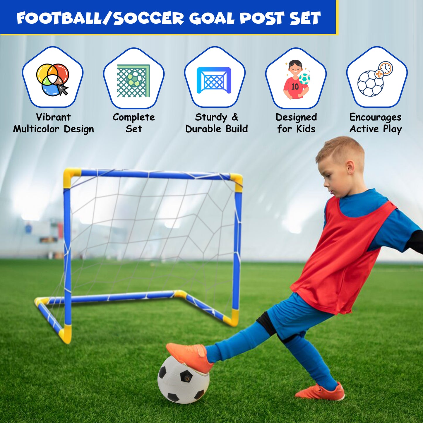 FUNFY Football/Soccer Goal Post Set | Plastic | Contains Pump, Goal Post And Football | Features 2.8 cm Diameter Pipes, 3 cm Diameter Joints For Sturdy Construction | For Kids