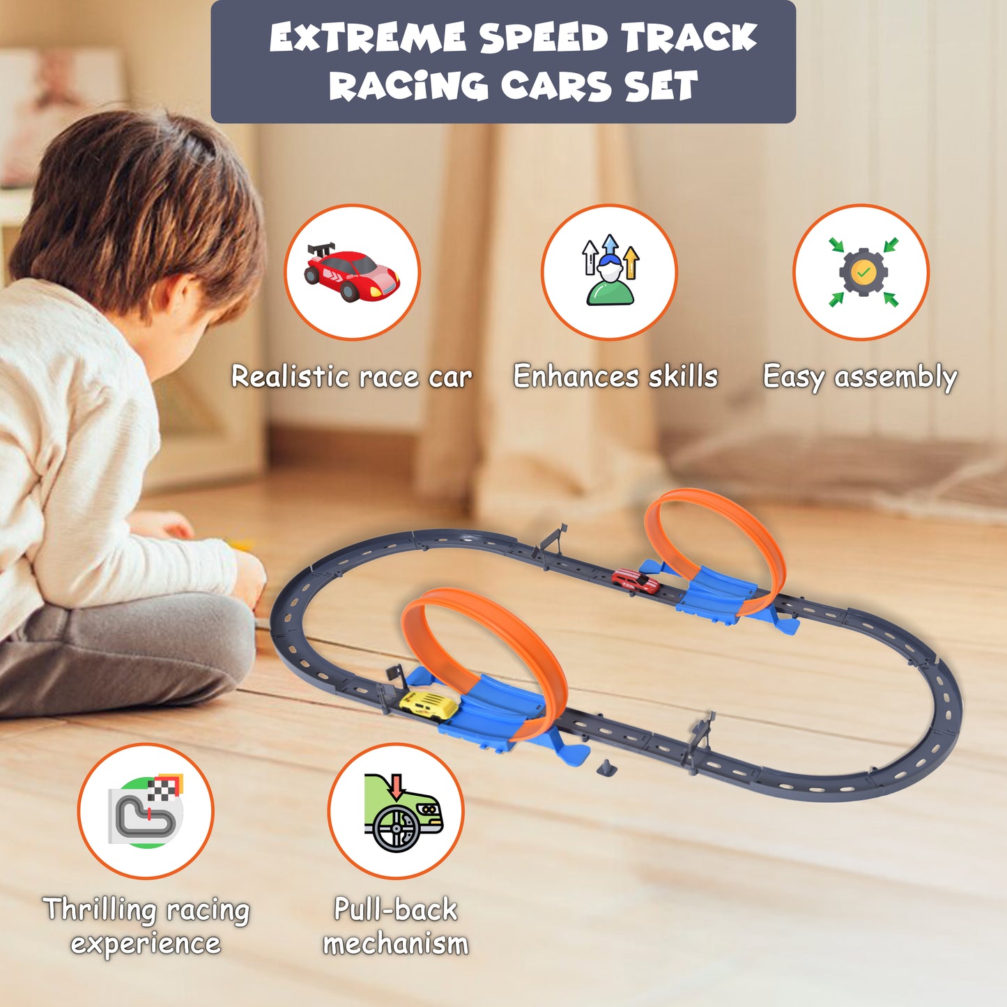 FUNFY Extreme Speed Track Racing Cars Set | With Track and Two Cars | Multicolor | Plastic | Pull-Back and Release Cars | Perfect for Thrilling Races and Imaginative Play | For Kids