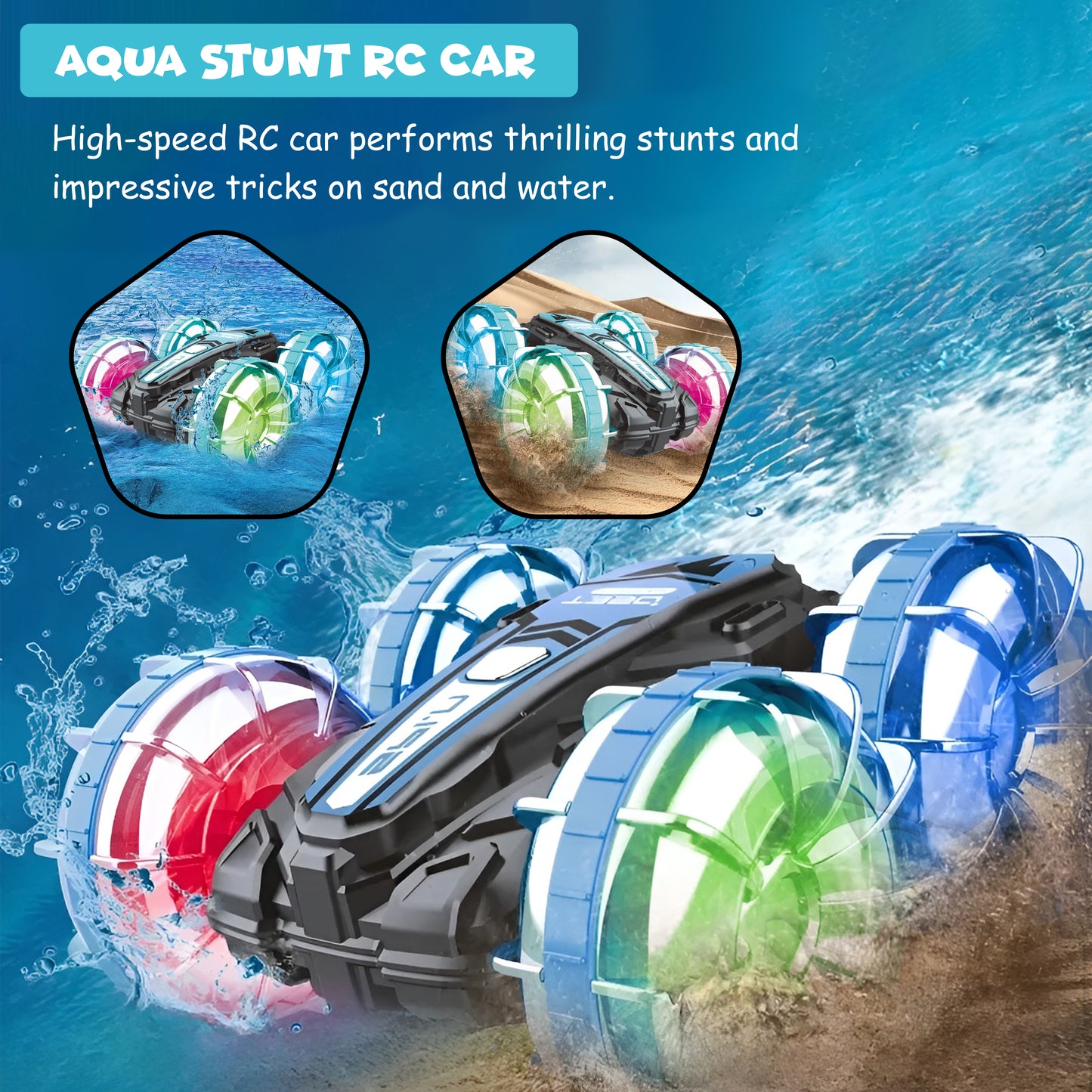 FUNFY Aqua Stunt RC Car With Illuminating Lights | 4WD with Water-Resistant | Multicolor |Kids All-Terrain Marvel Delivers Thrilling Stunts both on Land and in Aquatic Environments