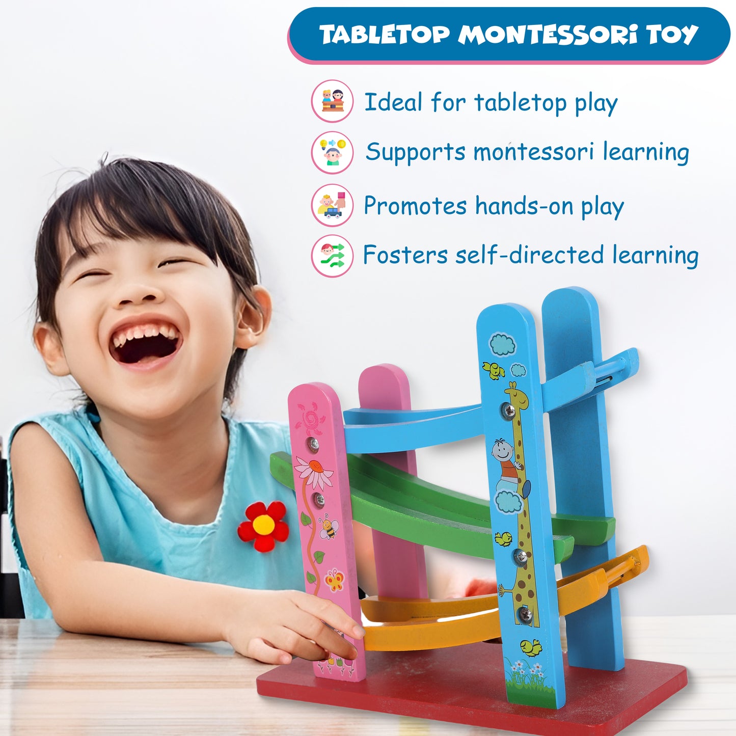 FUNFY Wooden Ramp Race Track Cars Game With 3 Mini Cars | Multicolor | Material: Wood | Tabletop Montessori Toy for Developing Creativity | Vibrant Design, Fine-Quality | For Kids