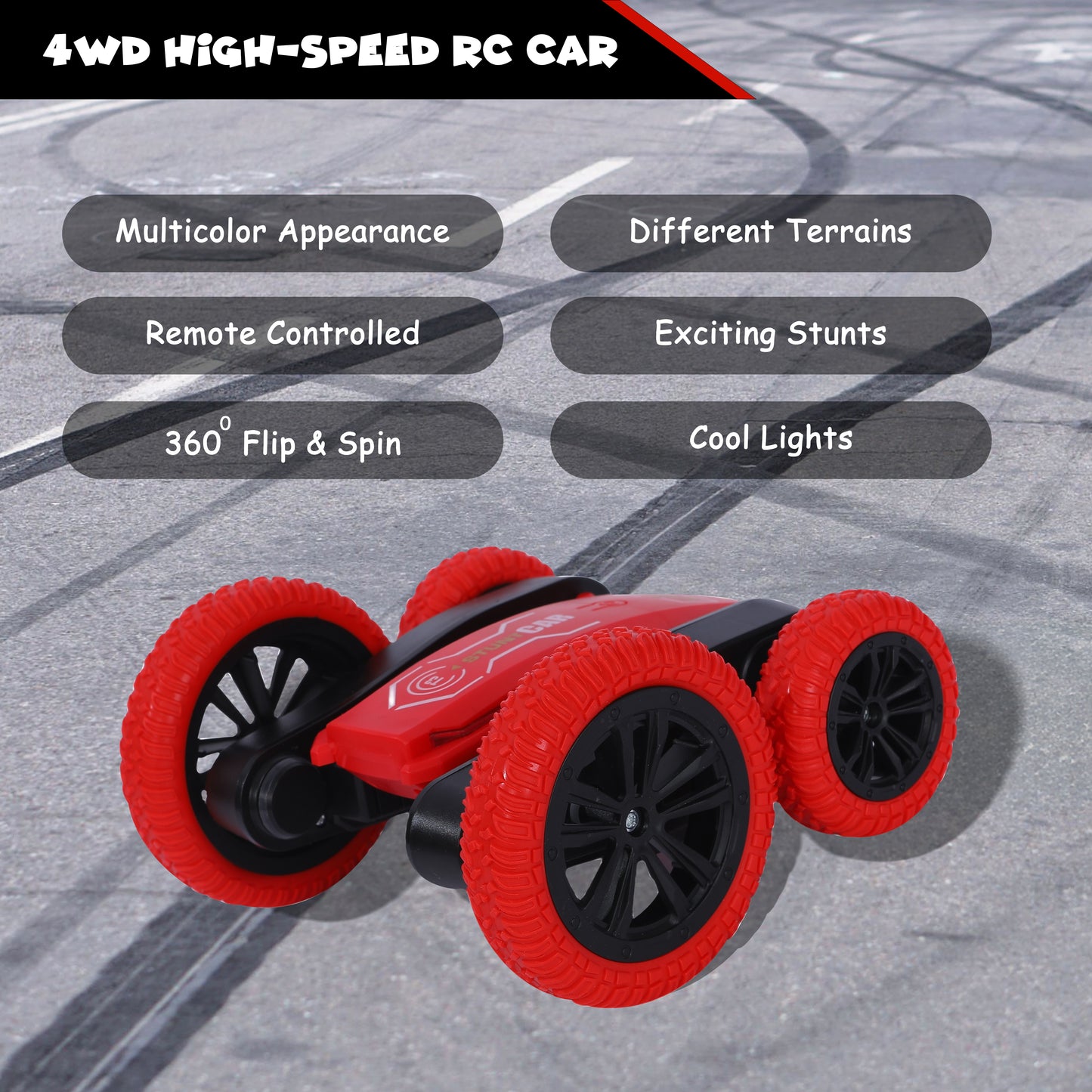 FUNFY 4WD High-Speed RC Butterfly Stunt Toy Car | Assorted | With 360° Flat and V Shape Rotation, Double Side Drive | Anti-Slip Shock Proof Tyres | Displaying Various Messages for Kids