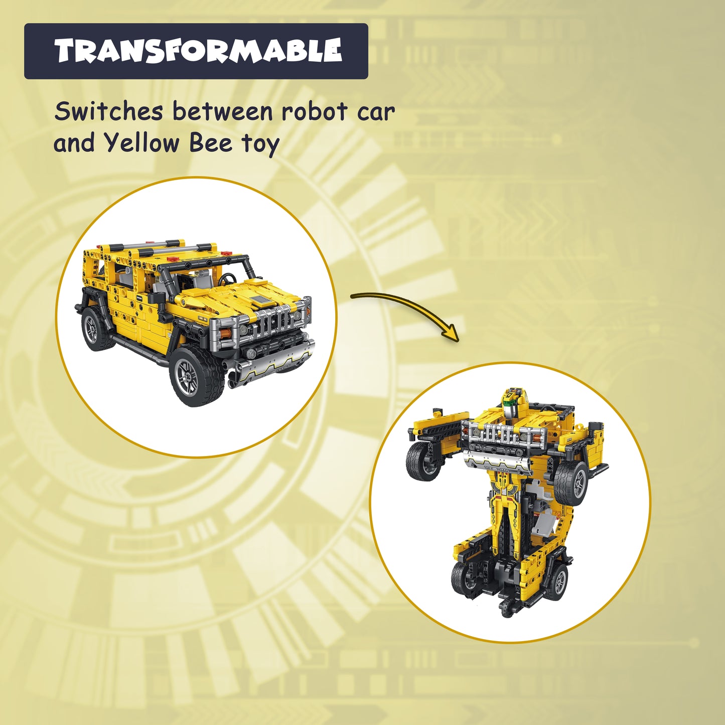 FUNFY 1010 Pcs 2-in-1 Pull Back Car and Transformer Building Blocks Toy | Yellow | ABS Plastic | This Deformation Car Become Transformer Figure | Perfect for Giftings | Action Figure