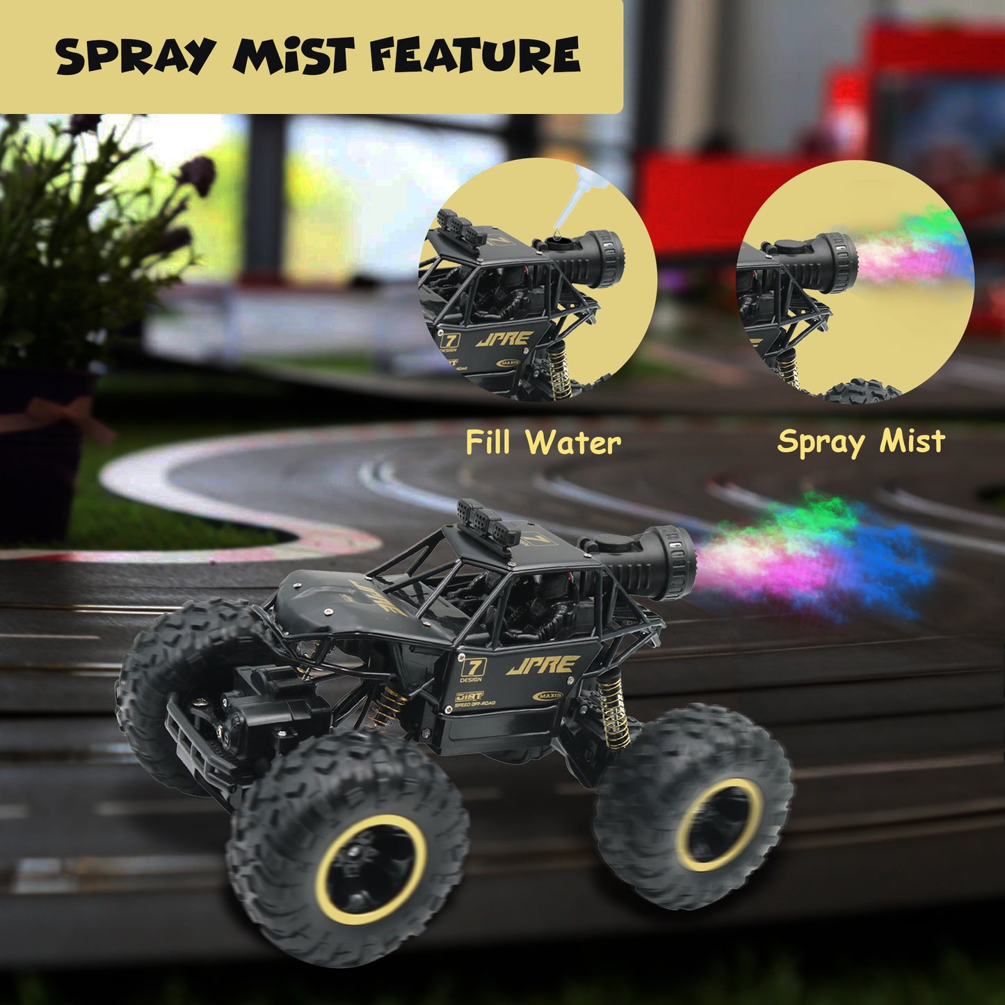 FUNFY FYRCC16001 1:16 Rock Explorer RC Toy Car With 4WD | Black | With 4 Soft Suspensions, Dual Motor, Lightning Mist Spray, Better gripping Tyres, Rugged Body and Rechargeable Battery for Kids Gift