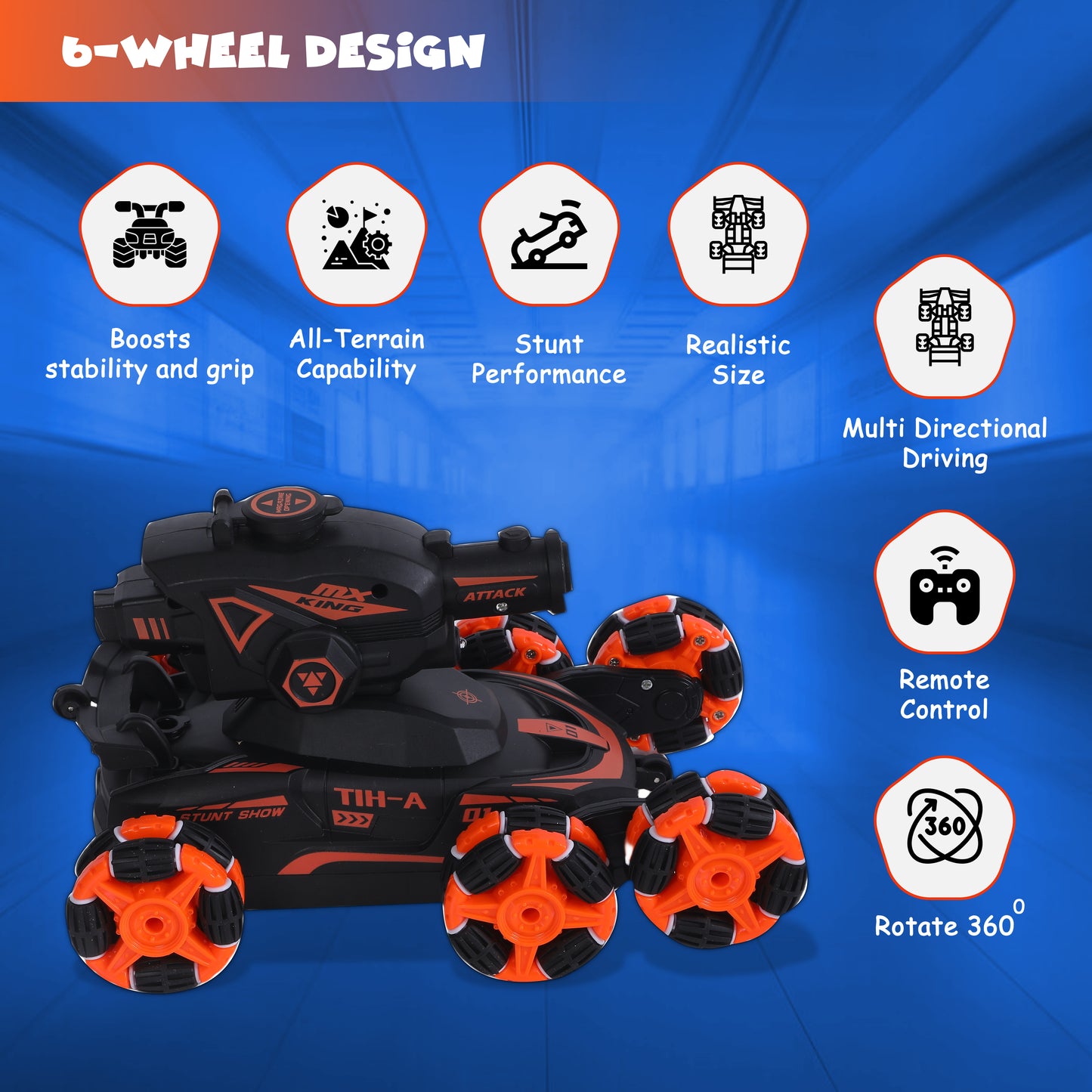 FUNFY 1:16 Scale 6 Wheels Climbing and Shooting Stunt RC Car | Black | With 6 Wheels for 45 Degree Drive, fog Effect, Obstacle Crossing, 4WD and Rechargeable Battery for Kids and Gifting