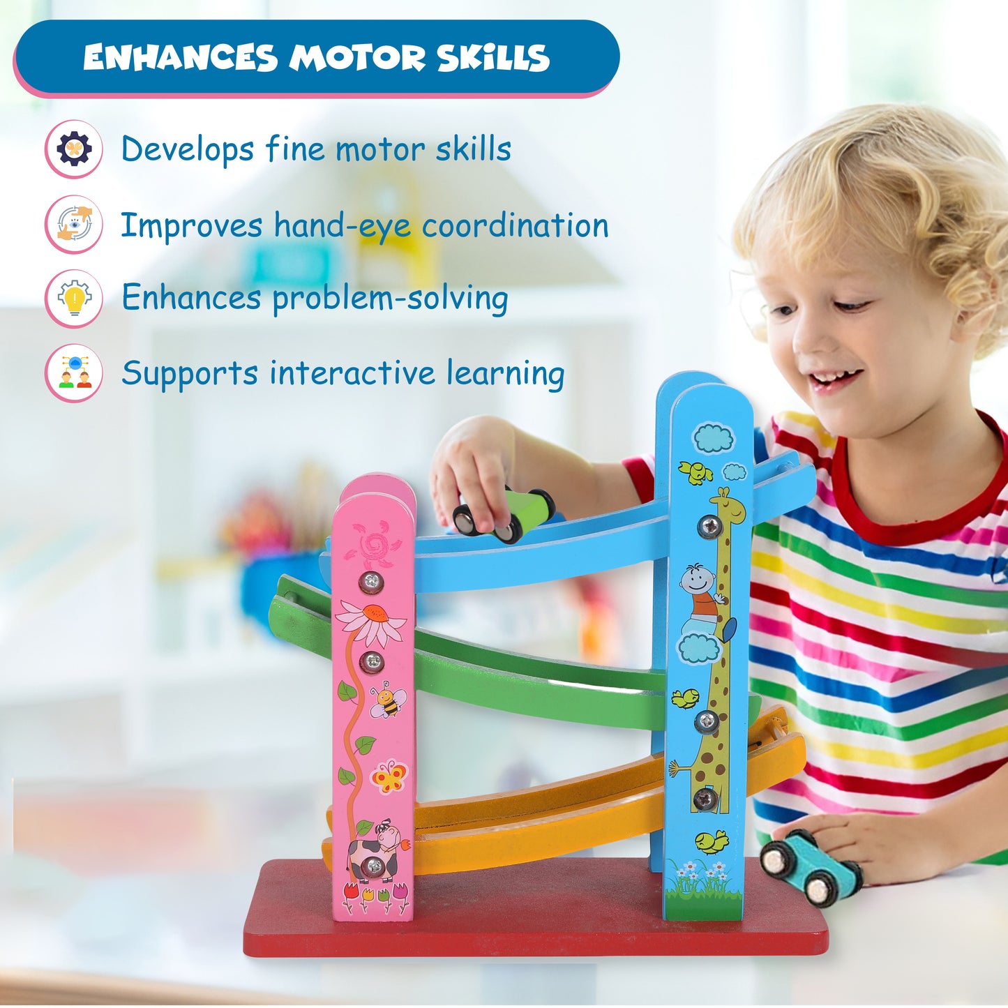 FUNFY Wooden Ramp Race Track Cars Game With 3 Mini Cars | Multicolor | Material: Wood | Tabletop Montessori Toy for Developing Creativity | Vibrant Design, Fine-Quality | For Kids