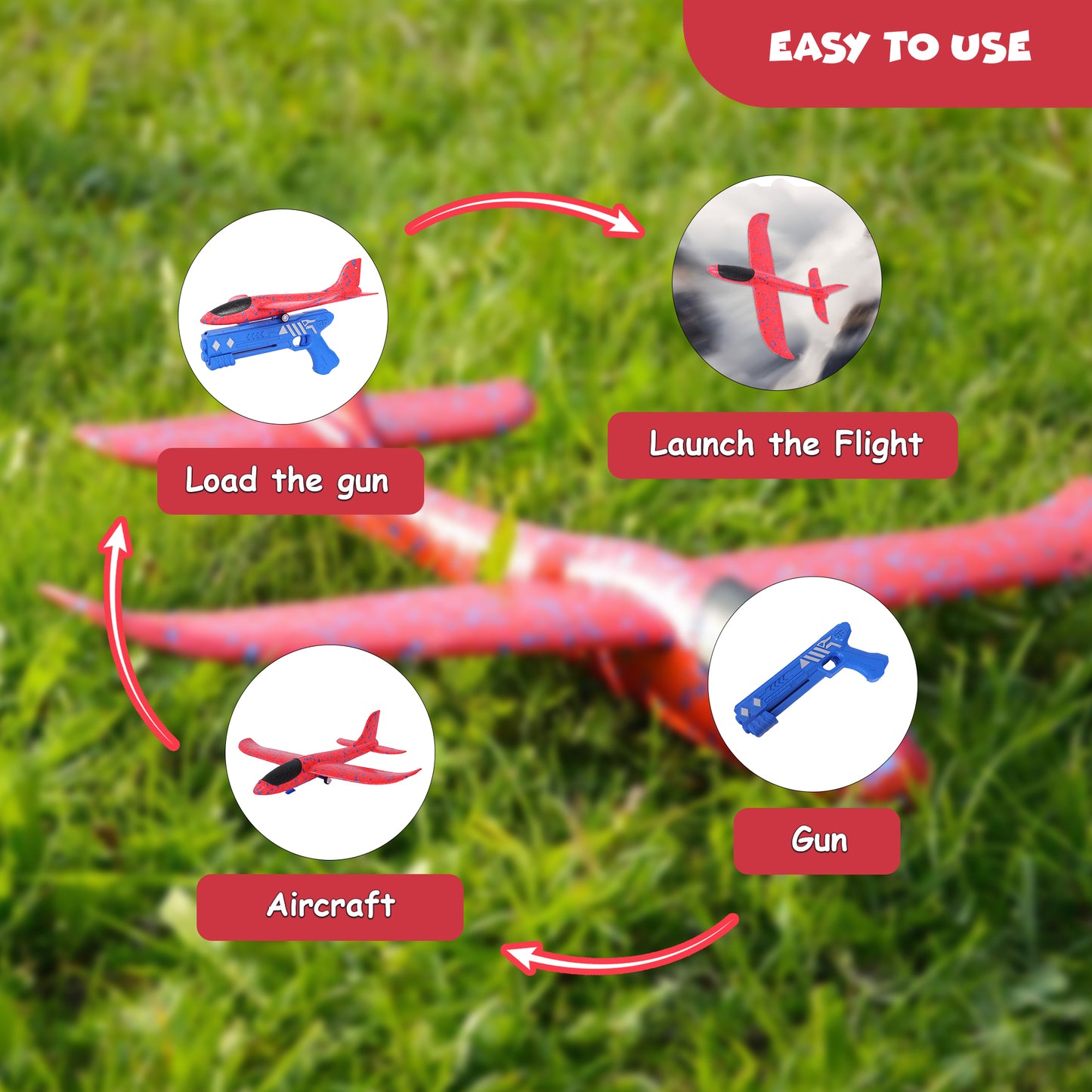 FUNFY Outdoor Foam Airplane Launcher Gun | EPP Polymer and Plastic |Blue and Red |2 Aircraft Gliders for Exciting Aerial Adventures | Provides Hours of Entertainment for Kids
