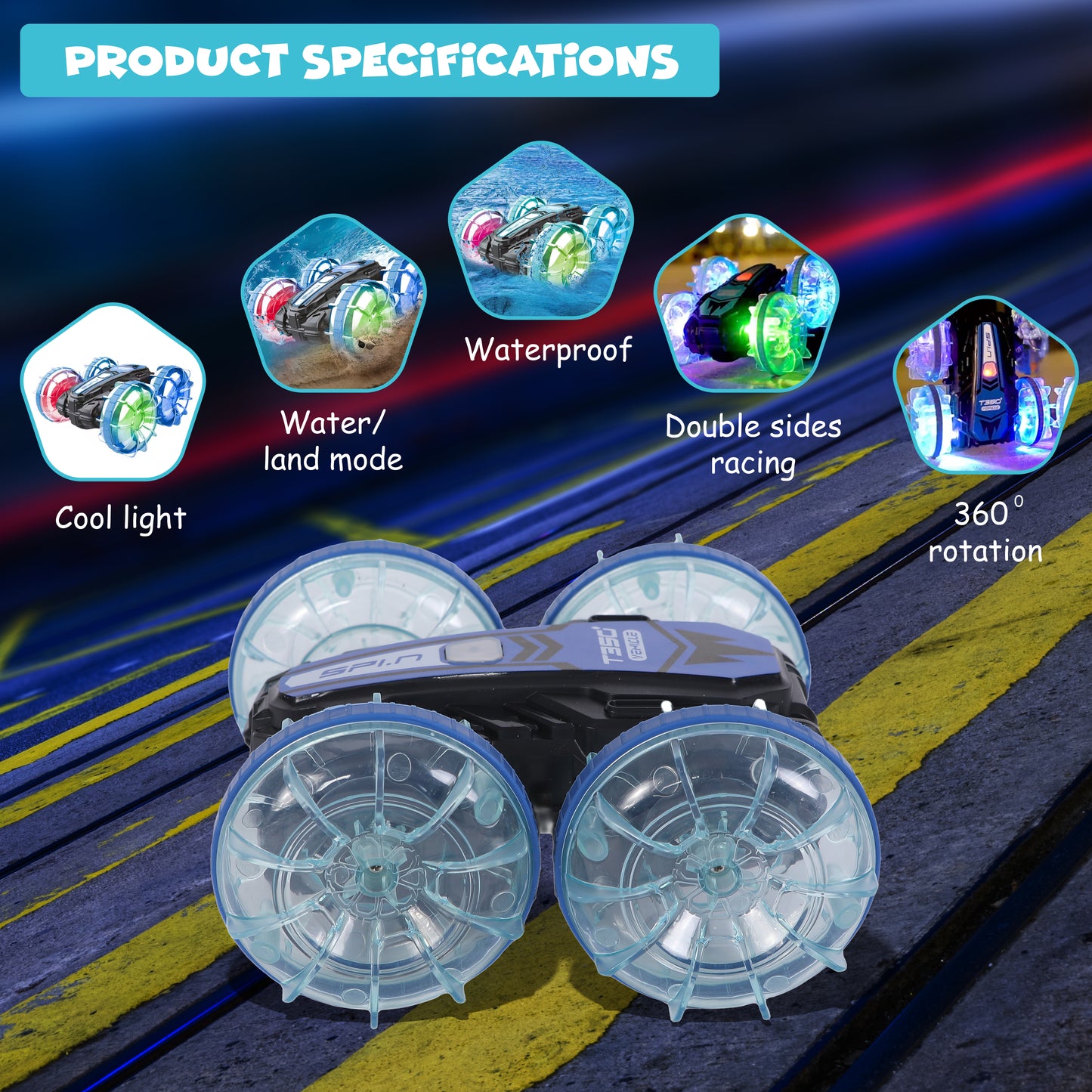 FUNFY Aqua Stunt RC Car With Illuminating Lights | 4WD with Water-Resistant | Multicolor |Kids All-Terrain Marvel Delivers Thrilling Stunts both on Land and in Aquatic Environments