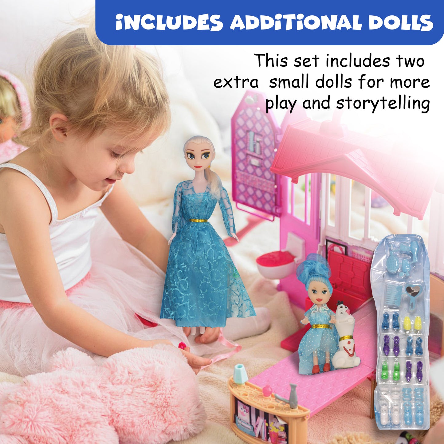 FUNFY 11" Ice Princess Doll Set | Includes Two Additional Small Dolls | Blue | Material: Plastic | Array of Accessories Including Dresses, Shoes, Comb and Mirror For Extended Play | For Girls