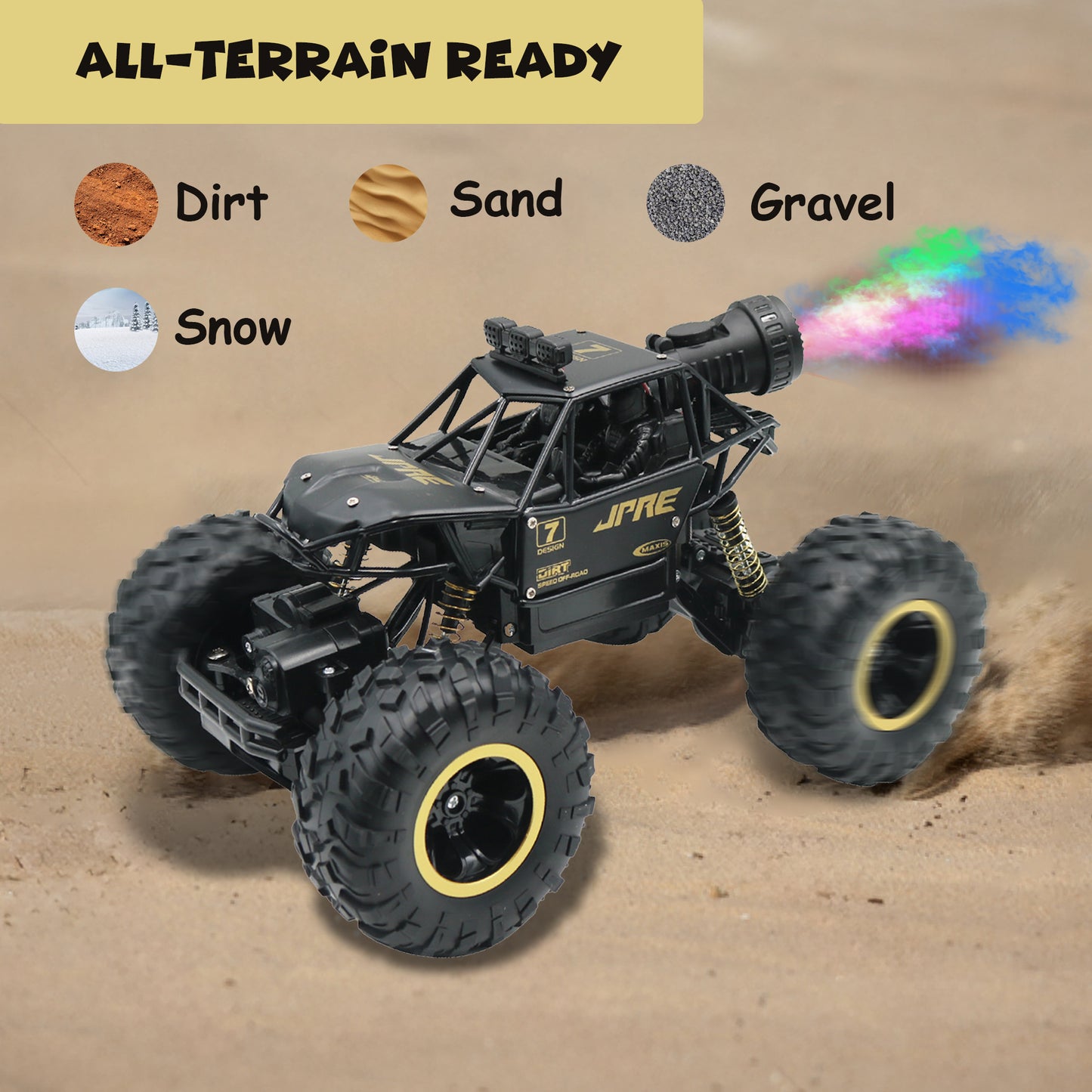 FUNFY FYRCC16001 1:16 Rock Explorer RC Toy Car With 4WD | Black | With 4 Soft Suspensions, Dual Motor, Lightning Mist Spray, Better gripping Tyres, Rugged Body and Rechargeable Battery for Kids Gift