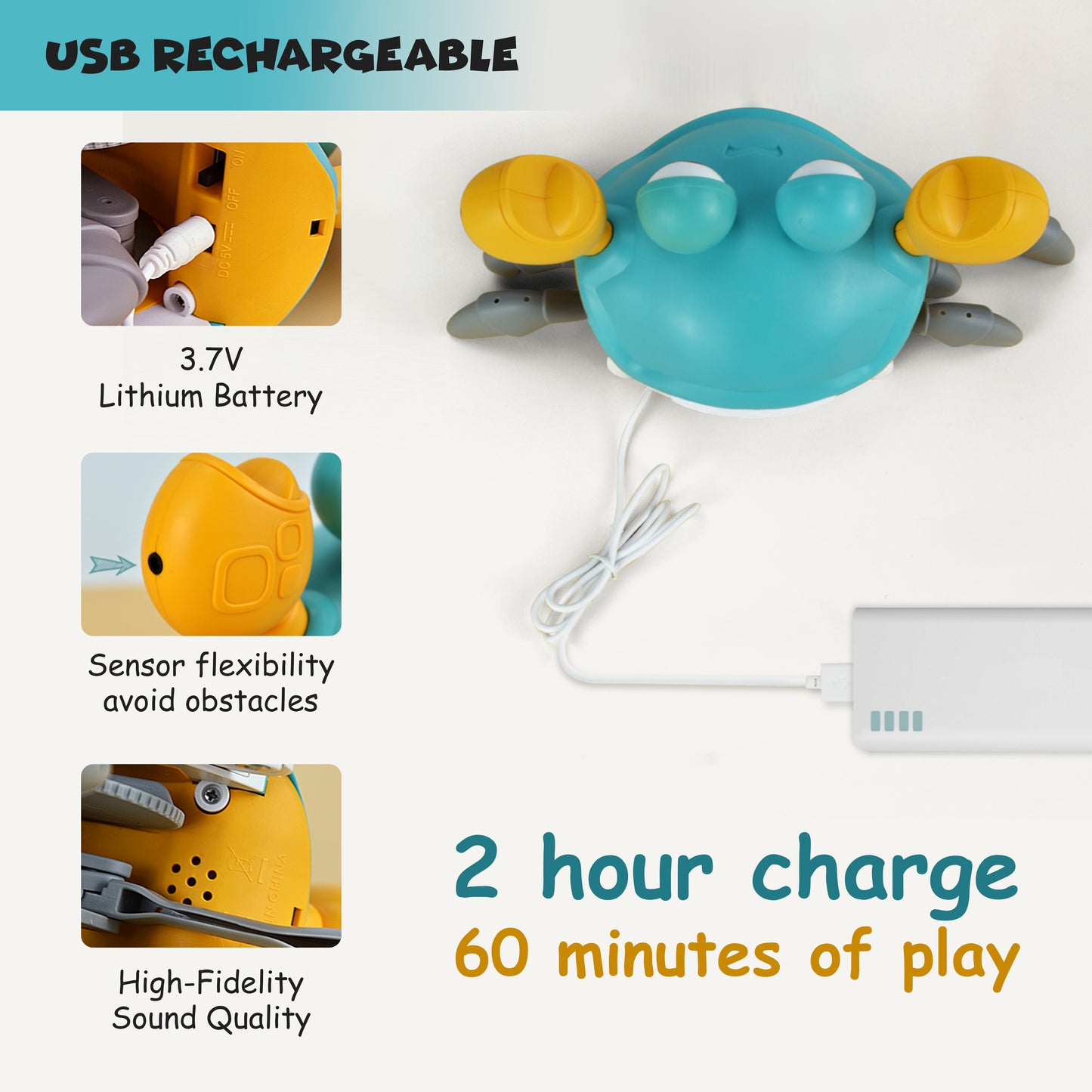 FUNFY Crawling Crab Baby Toy with Rechargeable Battery |Material: Plasic| Lights & Music| Interactive Learning & Entertainment Toys for Infants, Toddlers, & Kids | Color:Yellow