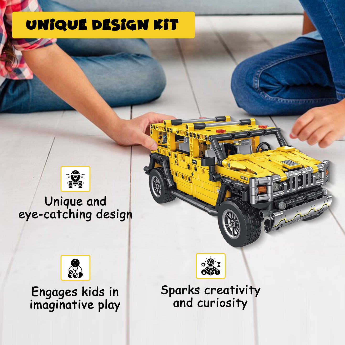 FUNFY 1010 Pcs 2-in-1 Pull Back Car and Transformer Building Blocks Toy | Yellow | ABS Plastic | This Deformation Car Become Transformer Figure | Perfect for Giftings | Action Figure