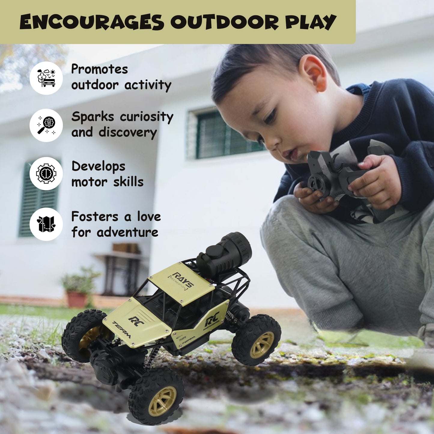 FUNFY 1:18 Rock Crawler RC Toy Car With 4WD | Black | With 4 Soft Suspensions, Dual Motor, Lightning Mist Spray, Better gripping Tyres, Aluminium Body and Rechargeable Battery |For Kids Gift