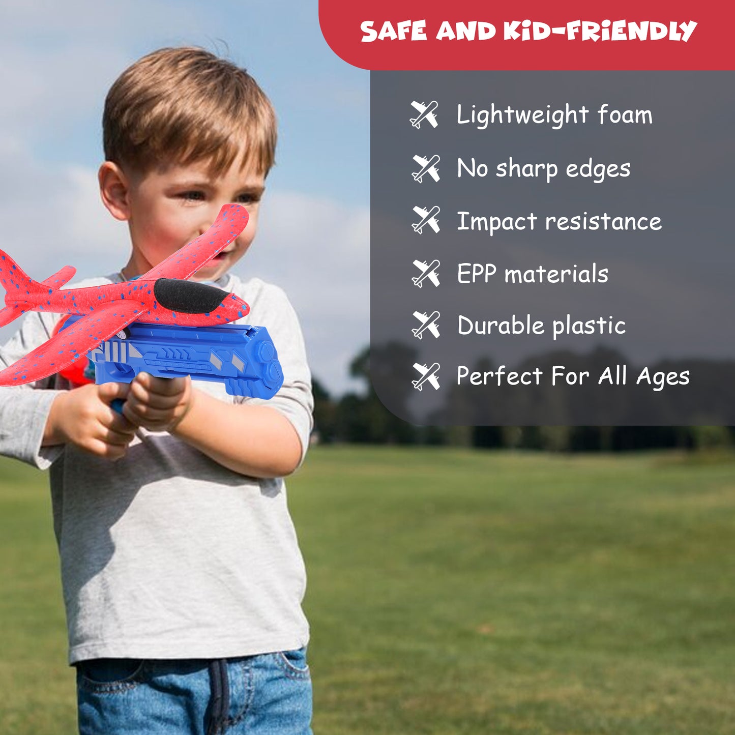 FUNFY Outdoor Foam Airplane Launcher Gun | EPP Polymer and Plastic |Blue and Red |2 Aircraft Gliders for Exciting Aerial Adventures | Provides Hours of Entertainment for Kids