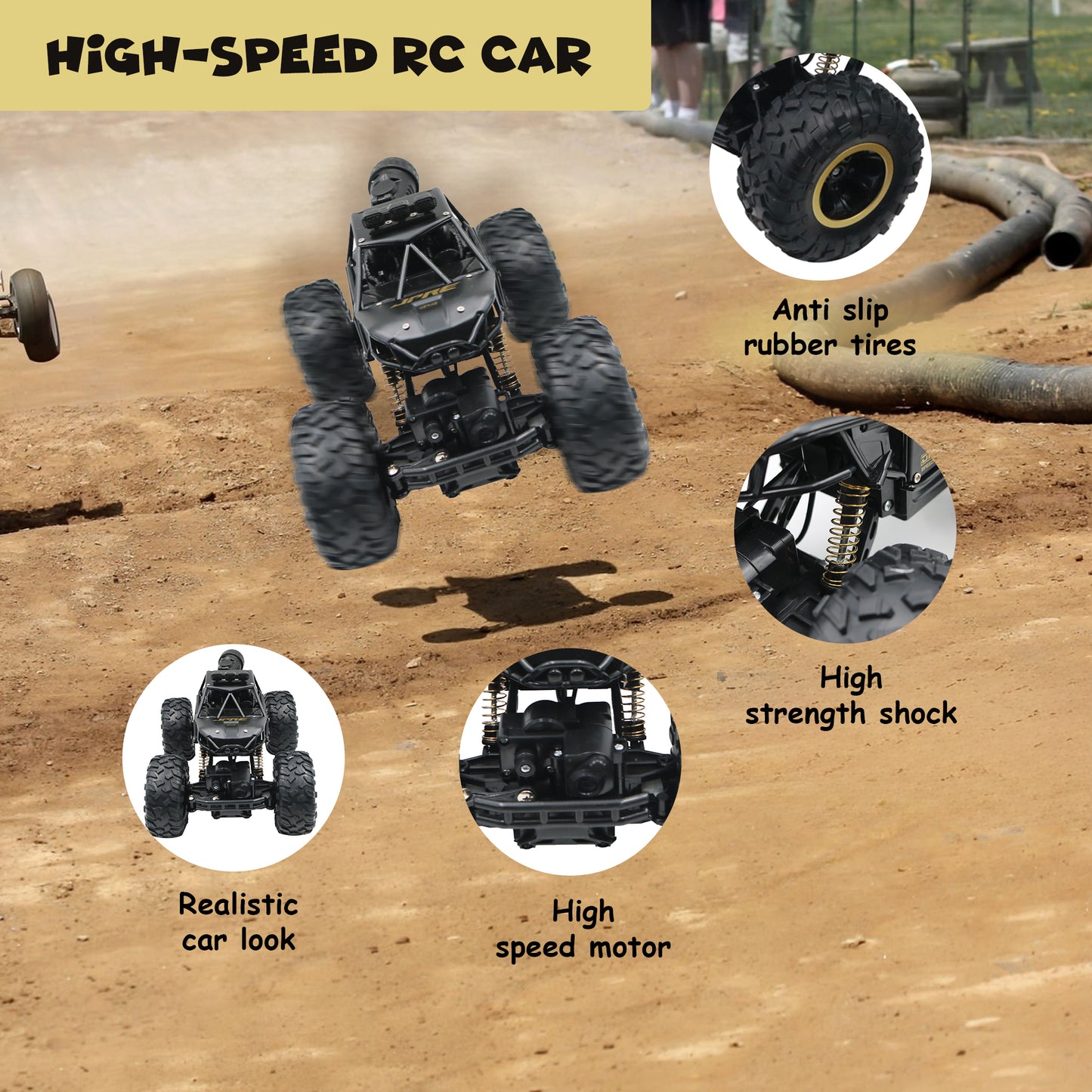 FUNFY FYRCC16001 1:16 Rock Explorer RC Toy Car With 4WD | Black | With 4 Soft Suspensions, Dual Motor, Lightning Mist Spray, Better gripping Tyres, Rugged Body and Rechargeable Battery for Kids Gift