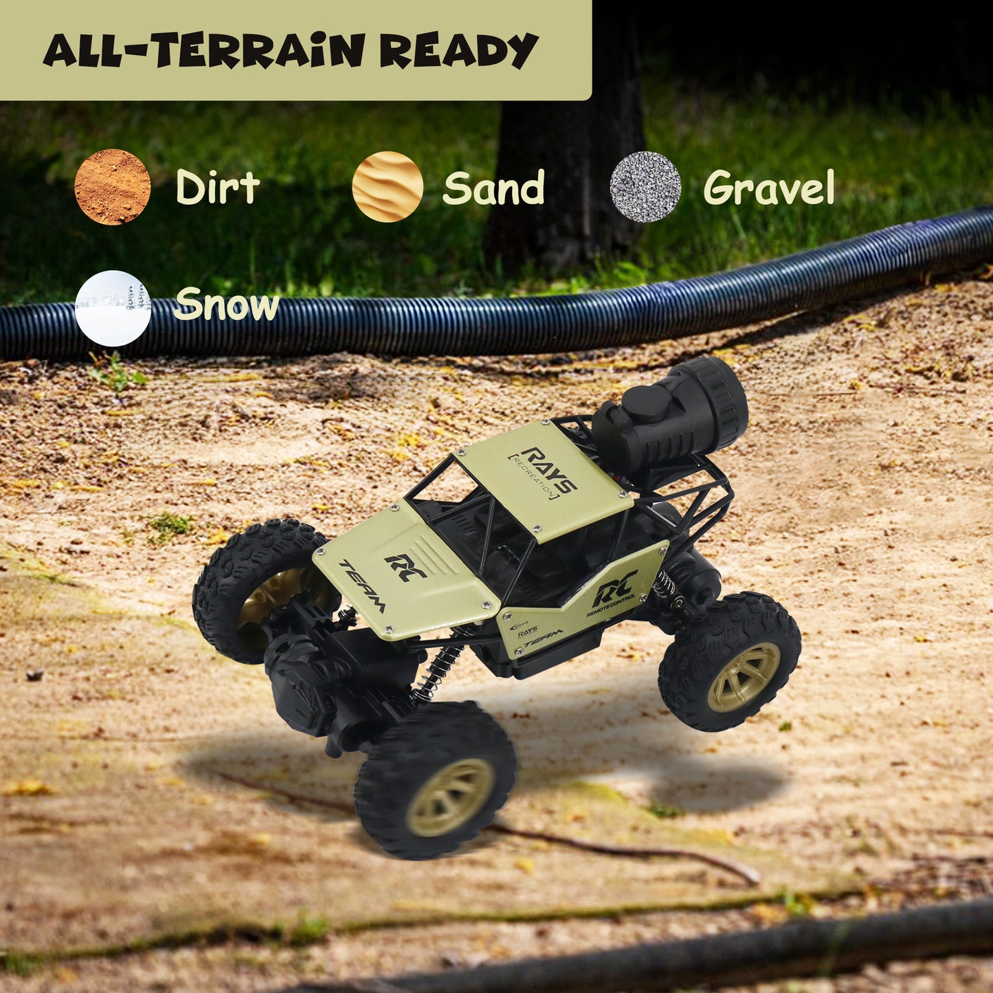FUNFY 1:18 Rock Crawler RC Toy Car With 4WD | Black | With 4 Soft Suspensions, Dual Motor, Lightning Mist Spray, Better gripping Tyres, Aluminium Body and Rechargeable Battery |For Kids Gift