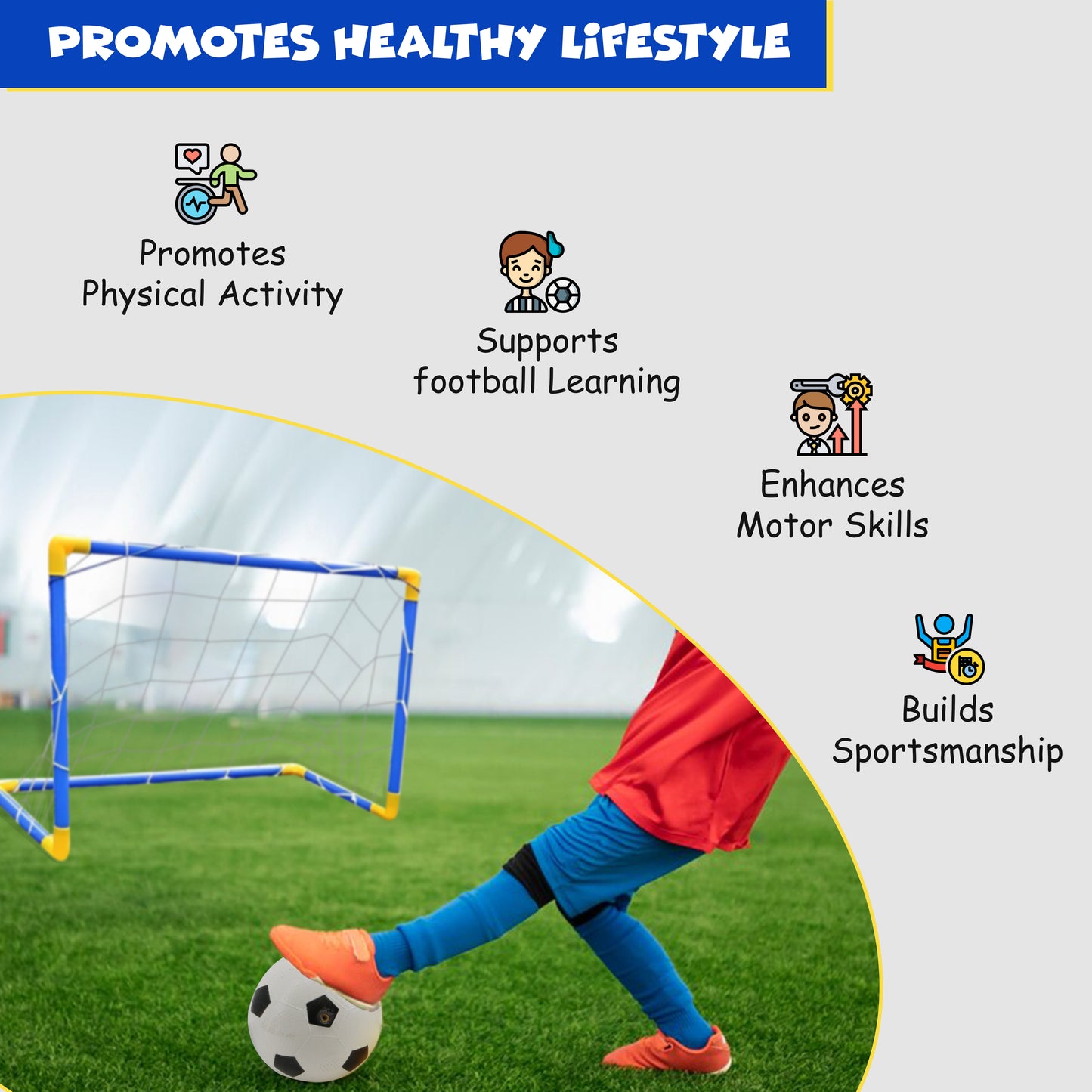 FUNFY Football/Soccer Goal Post Set | Plastic | Contains Pump, Goal Post And Football | Features 2.8 cm Diameter Pipes, 3 cm Diameter Joints For Sturdy Construction | For Kids