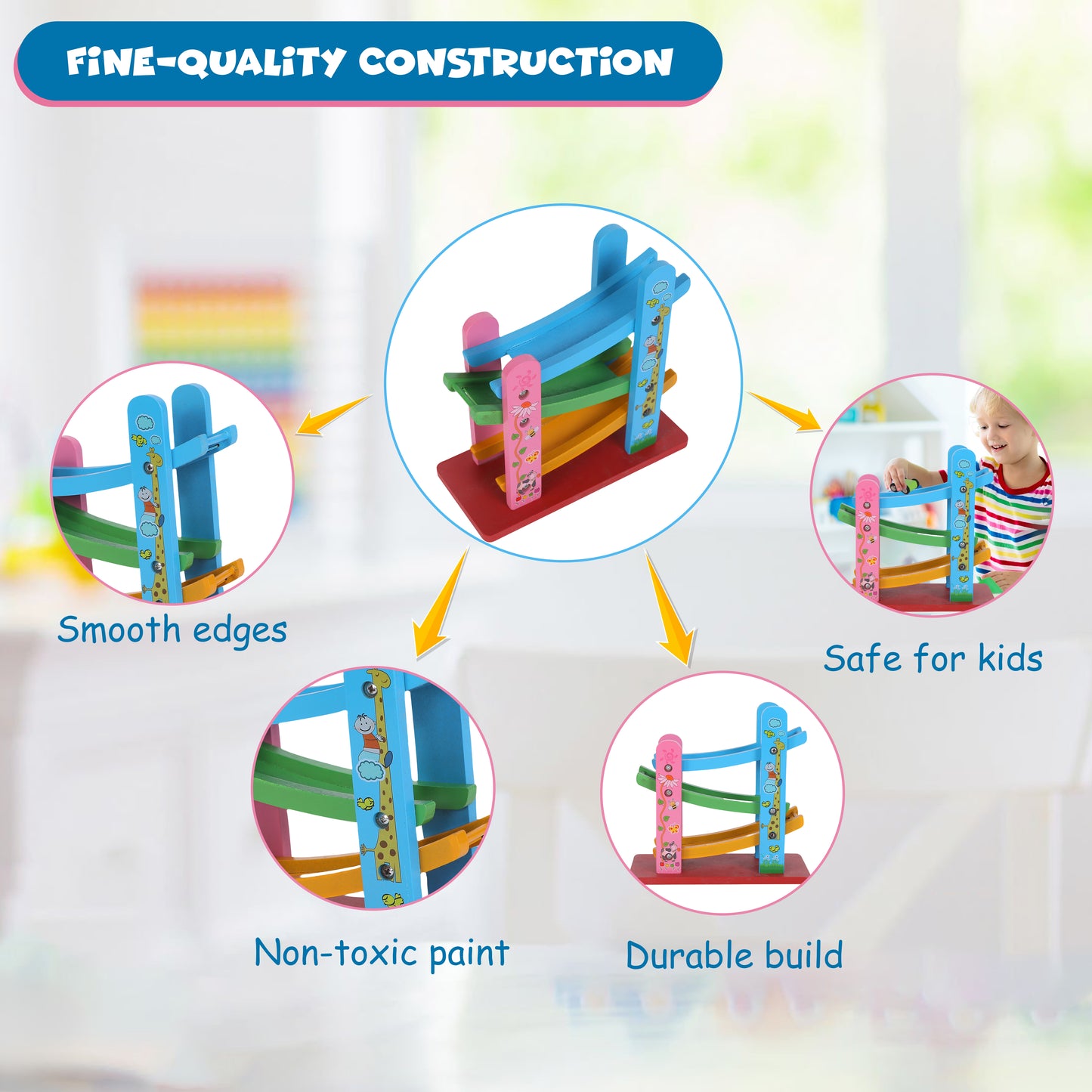 FUNFY Wooden Ramp Race Track Cars Game With 3 Mini Cars | Multicolor | Material: Wood | Tabletop Montessori Toy for Developing Creativity | Vibrant Design, Fine-Quality | For Kids