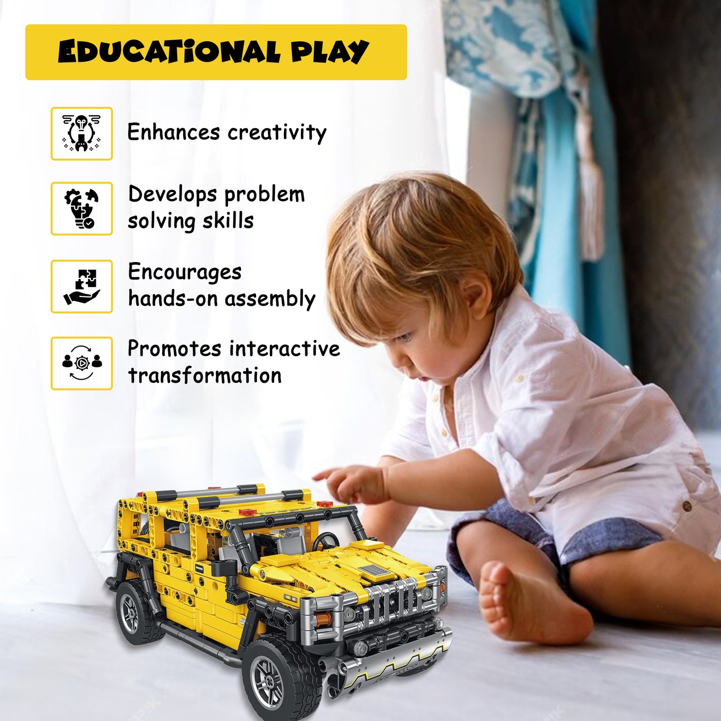 FUNFY 1010 Pcs 2-in-1 Pull Back Car and Transformer Building Blocks Toy | Yellow | ABS Plastic | This Deformation Car Become Transformer Figure | Perfect for Giftings | Action Figure