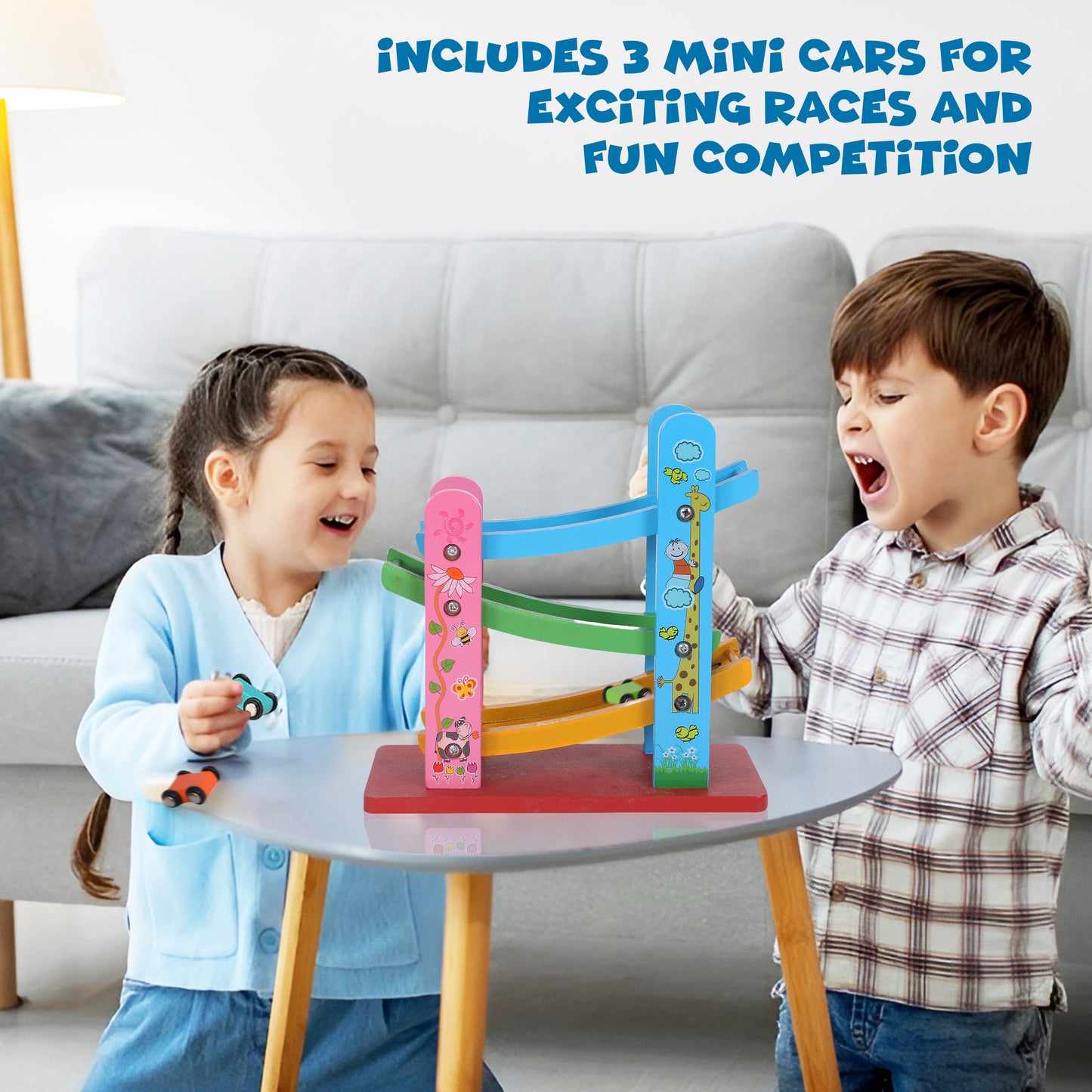 FUNFY Wooden Ramp Race Track Cars Game With 3 Mini Cars | Multicolor | Material: Wood | Tabletop Montessori Toy for Developing Creativity | Vibrant Design, Fine-Quality | For Kids