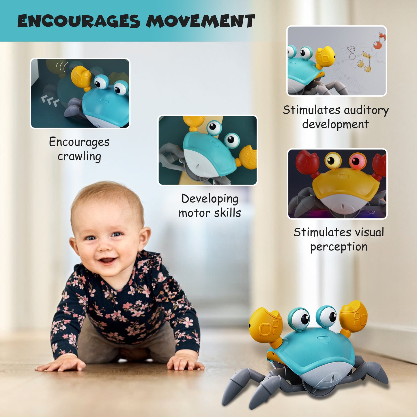 FUNFY Crawling Crab Baby Toy with Rechargeable Battery |Material: Plasic| Lights & Music| Interactive Learning & Entertainment Toys for Infants, Toddlers, & Kids | Color:Yellow